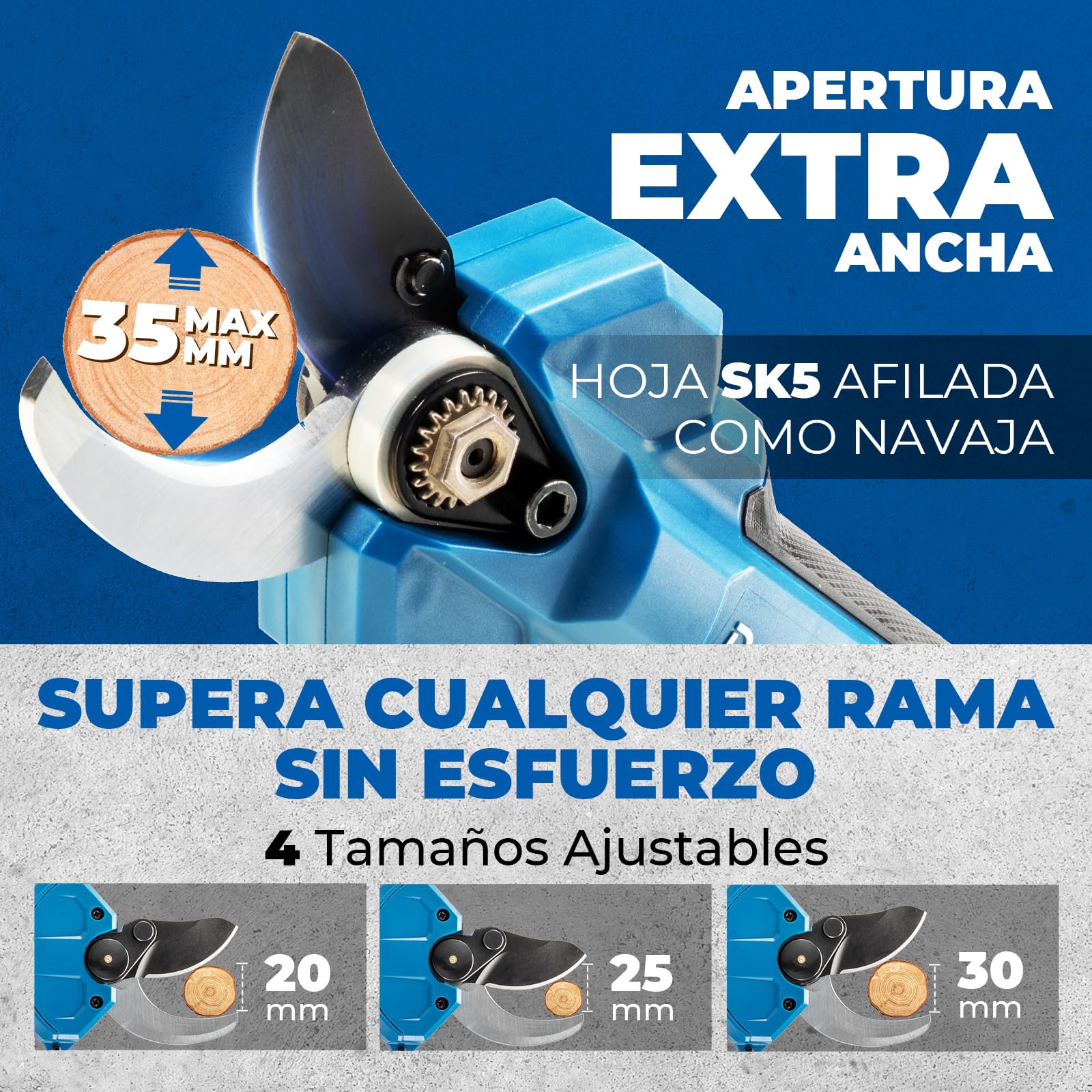 Dong Cheng Tijeras de jardín a batería de 20 V, 4 niveles de corte hasta 35 mm, motor profesional sin escobillas, 2 baterías de 2,0 Ah, cargador de 2 A, hoja SK5 – para árboles frutales, jardinería