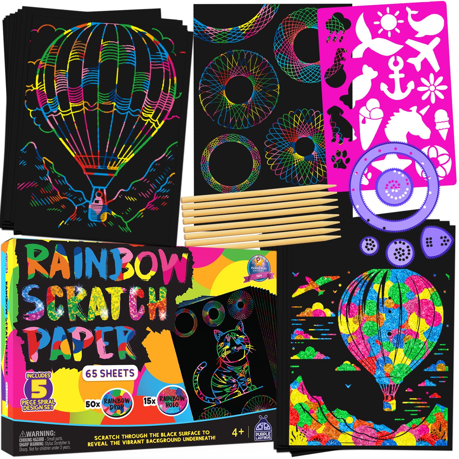 Rainbow Scratch Art Kit with Stencils, 79 Pc Craft Kit Ages 4-8