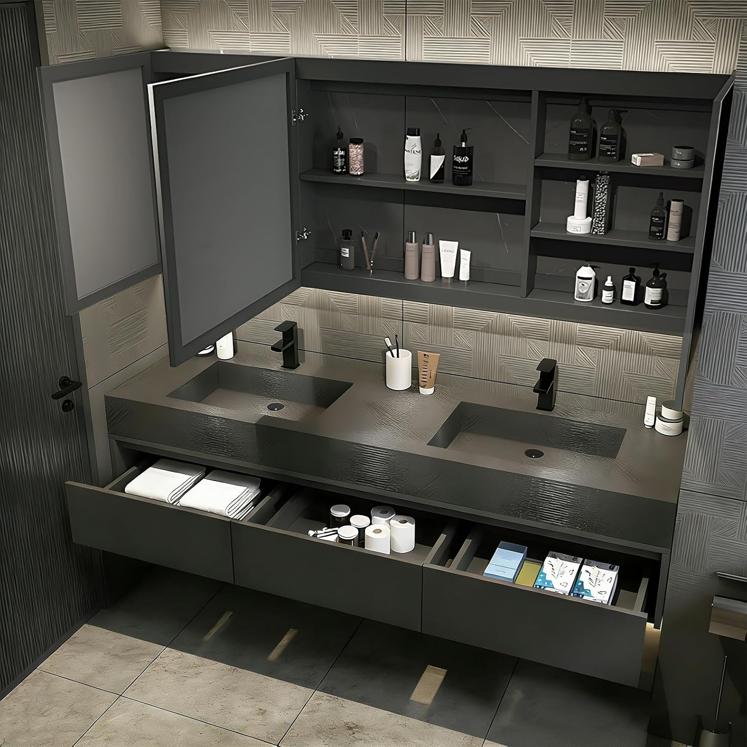 Bathroom Vanity with Sink - Floating Bathroom Vanity Set | Includes LED Intelligent defogging Cabinet | Multi Layer Solid Wood Material | Wall Mounted (Double Sink,72)
