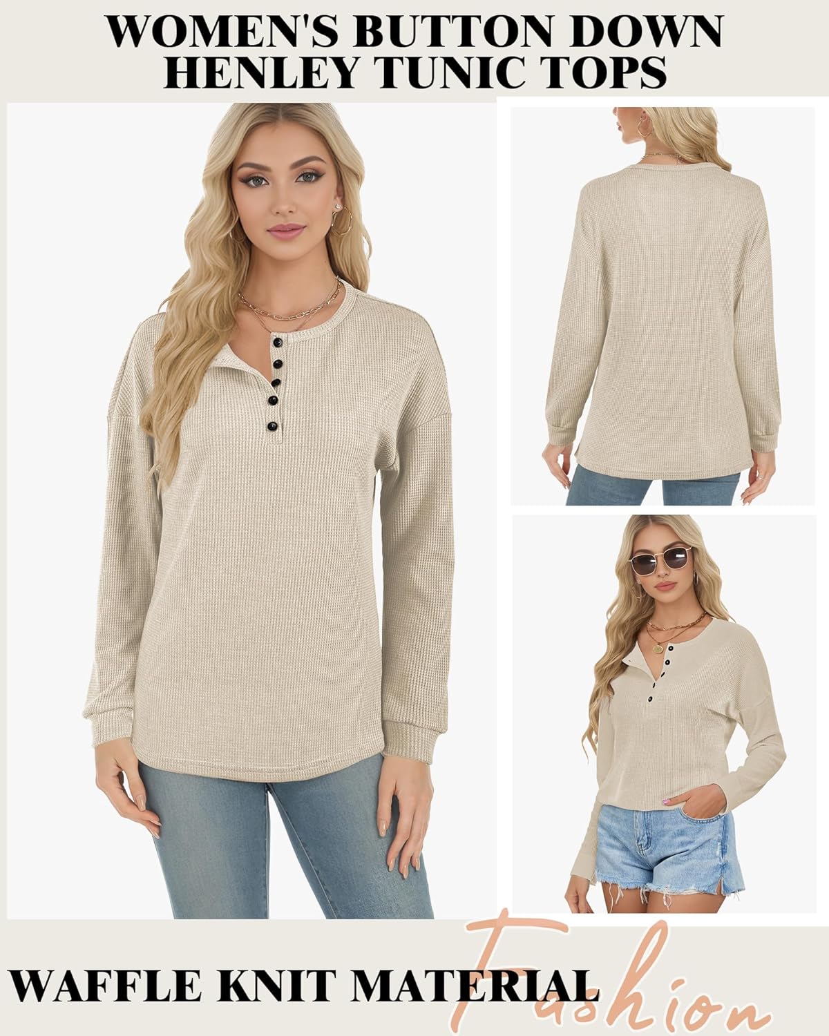 AURUZA Long Sleeve Shirts for Women Henley Shirts Waffle Knit Tops Casual Loose V Neck Tunic Tops Fall Outfits Waffle TShirt - Image 3