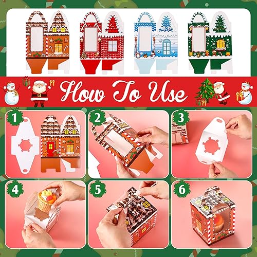 Miniatura 7 de 24 cajas de cupcakes de Navidad, cajas de galletas de Navidad con mango de inserción de ventana, cajas de soporte para magdalenas de Navidad, caja