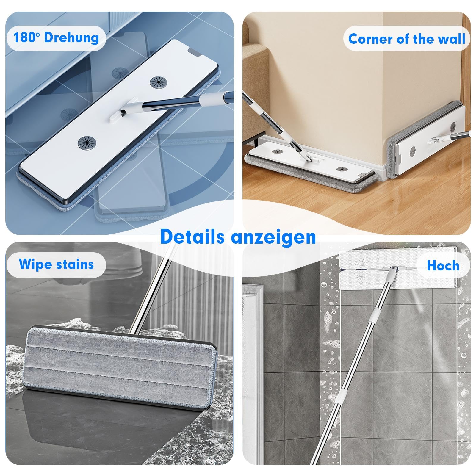 MOPUP Set di mocio con secchio: secchio di pulizia (incluso mocio e 4 testine in microfibra), set di mocio con manico in acciaio inox lungo 135 cm e raschietto con funzione strizzante, adatto a tutti