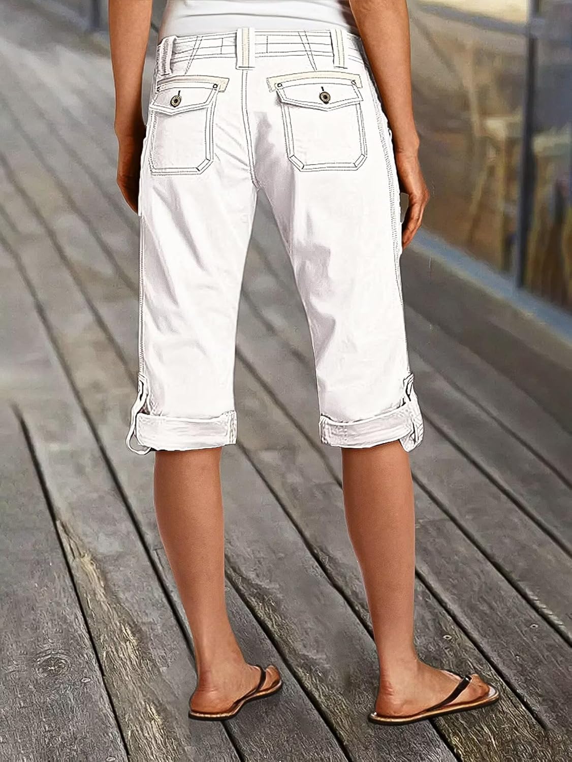 Flamingals Bermuda Shorts for Women Mid Rise Roll Hem Cargo Capris Summer Casual with Flap Pocket - Image 4
