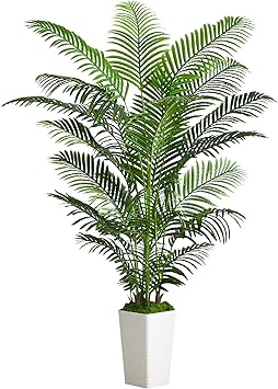 Artificial Palm Tree Artificial Silk Plant Fake Tree with White Tall Planter Faux Tropical Areca Floor Plant in Pot (1, White, 180 CM)