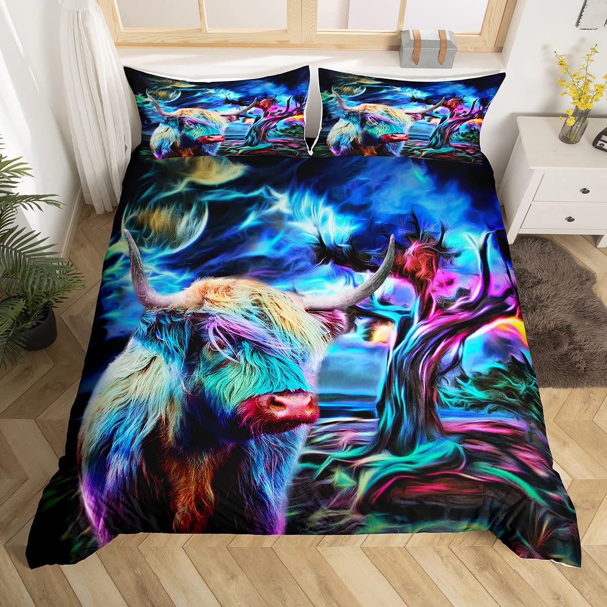 Housse de couette arc-en-ciel Highland Cattle, le cadeau idéal pour lit de fille ou garçon