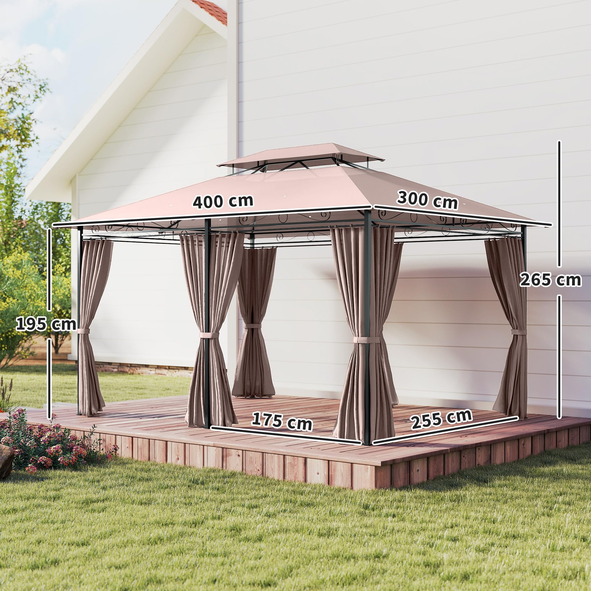 Outsunny Gazebo 4x3m Doppio Tetto Acciaio Tende Zip Impermeabili Anti UV Cachi