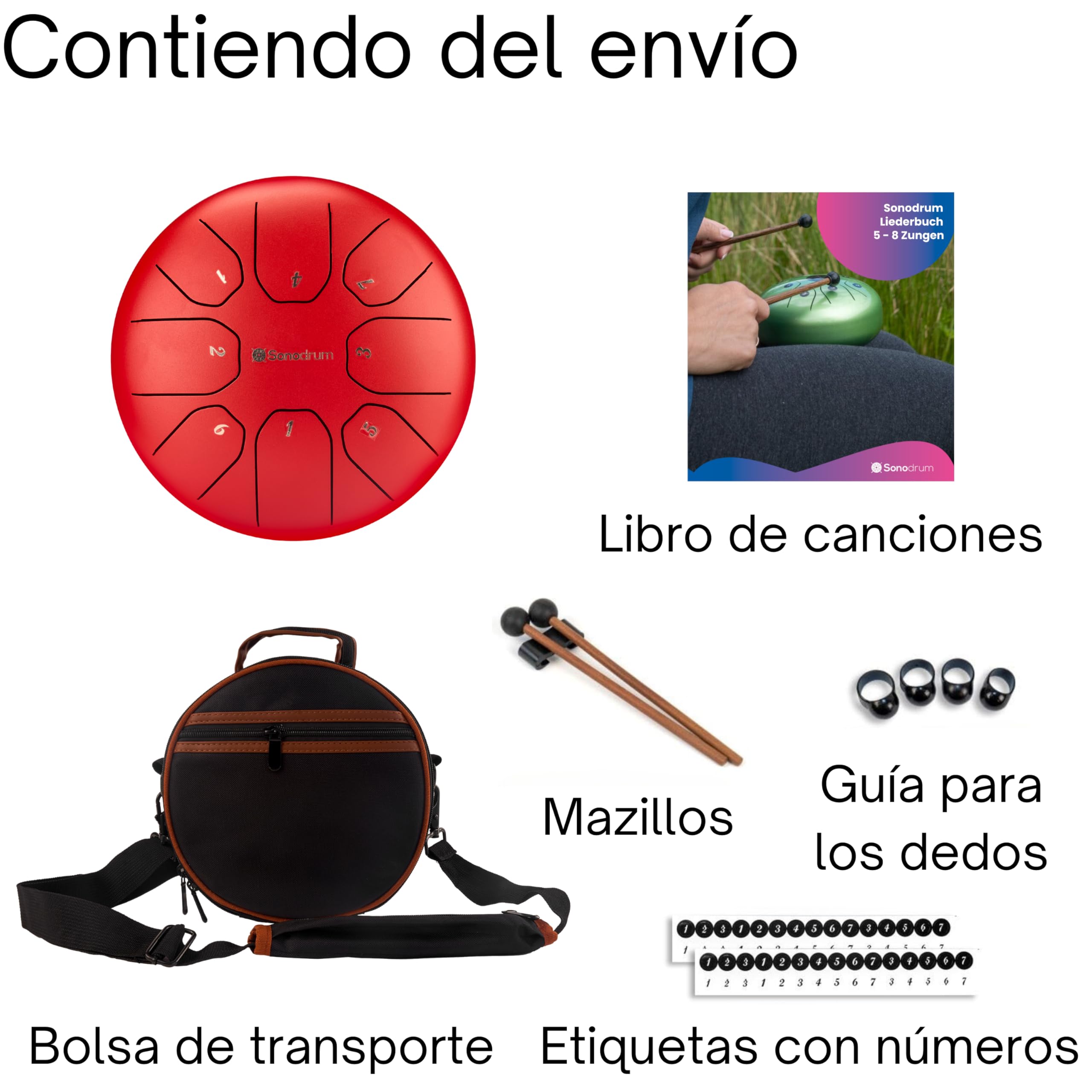 Tongue Drum “Standard C mayor” en rojo - diámetro 20cm y 8 notas. Steelpan con libro de música, bolsa y mallets. Instrumento de percusión Handpan para niños y adultos - Para meditación y yoga