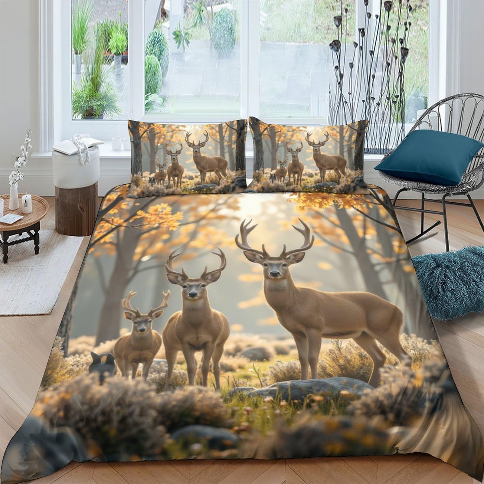 GPLZQXKJNH 3D Printed Forest Deer Duvet Cover Microfiber Soft Autumn Woodland Bedding Set with 2 Pillowcases for Bedroom Decor Single（135x200cm）