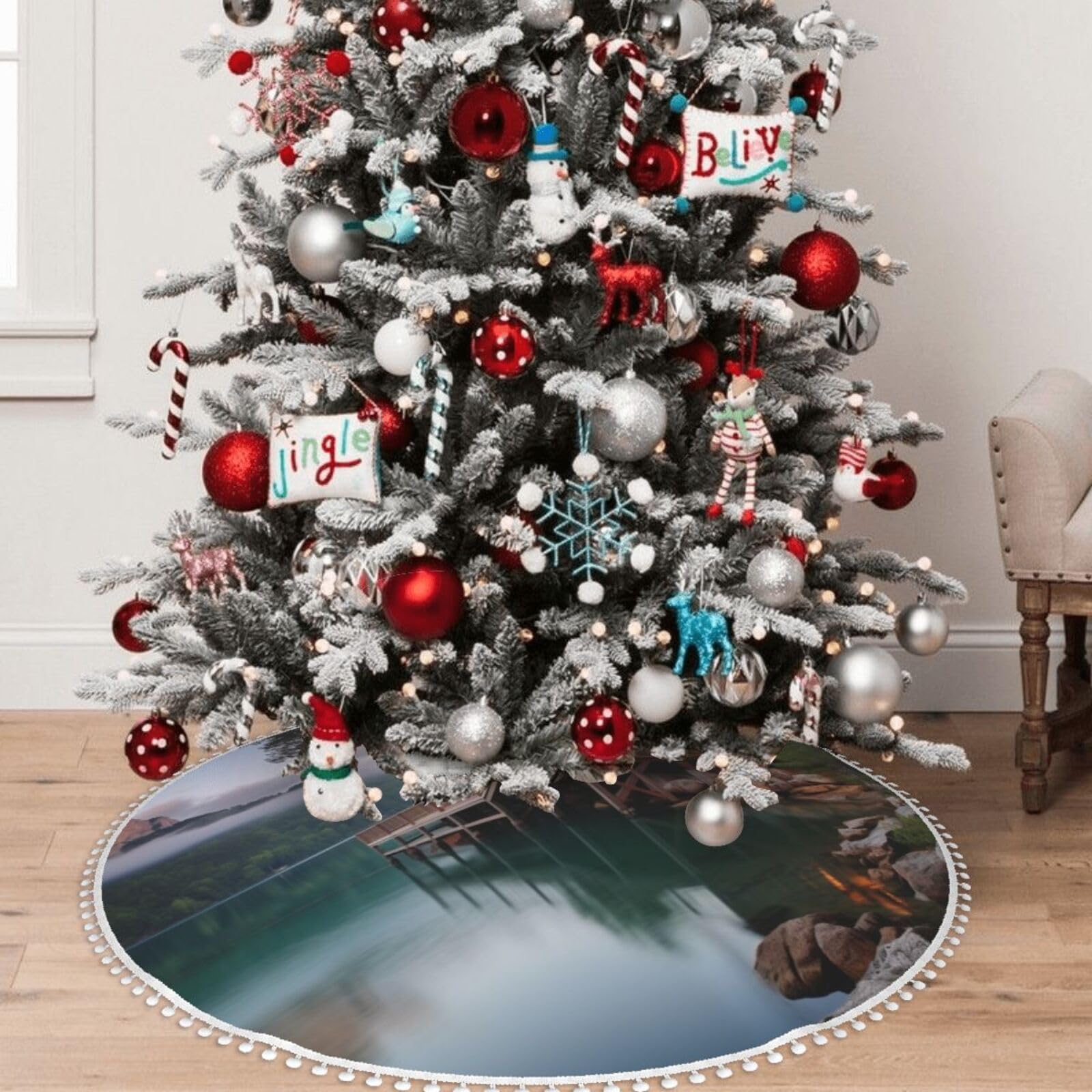 Jupe de sapin de Noël double couche anti-poussière grand tapis 121,9 cm à pompons
