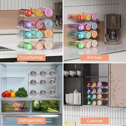 Miniatura 6 de TwoWin Organizador apilable de almacenamiento de botellas de agua para gabinete, soporte grande para botellas de agua, vasos, organizador de