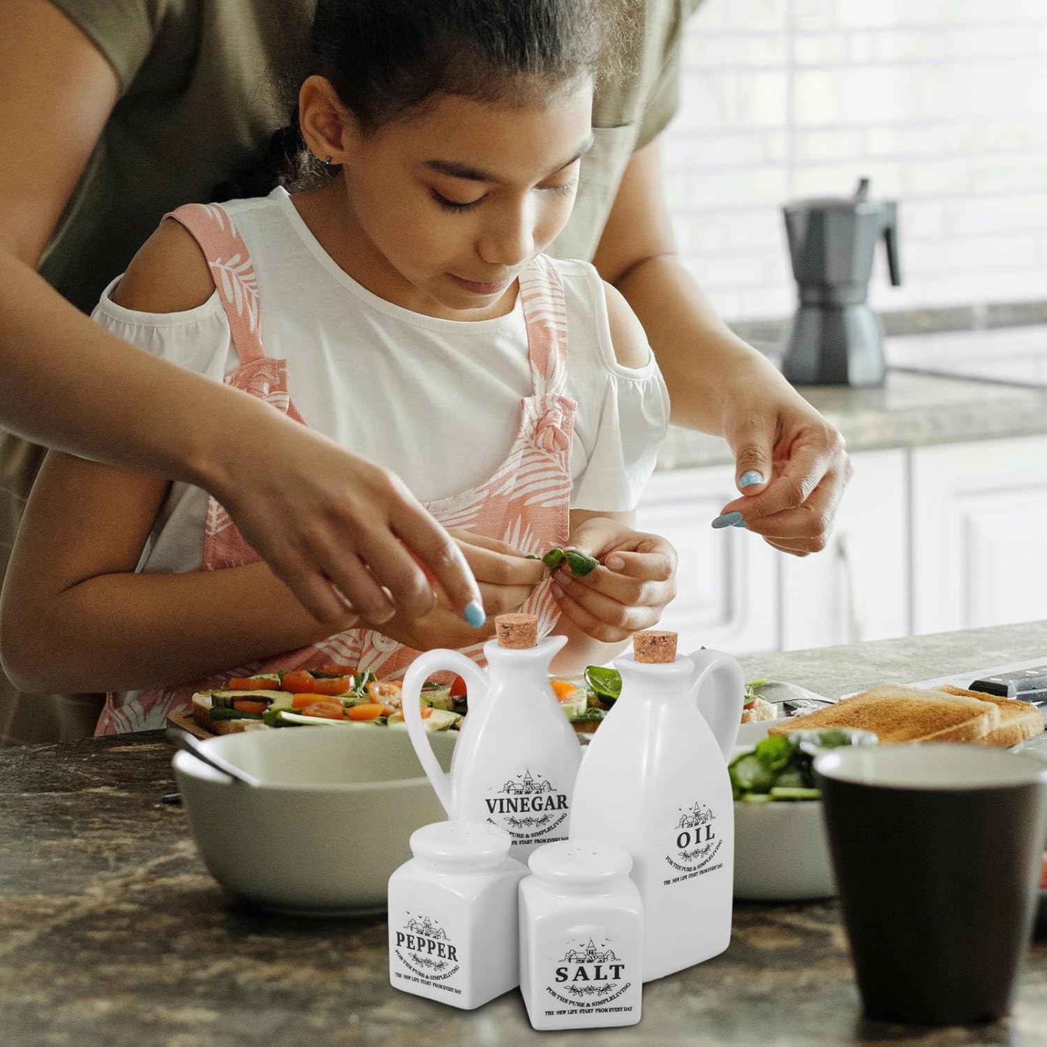 HANABASS Japanese Style Ceramic Oil Vinegar Dispenser Set, 4pcs Kitchen Seasoning Storage Bottles, Multi-function Soy Sauce Holder for Cooking and Dining