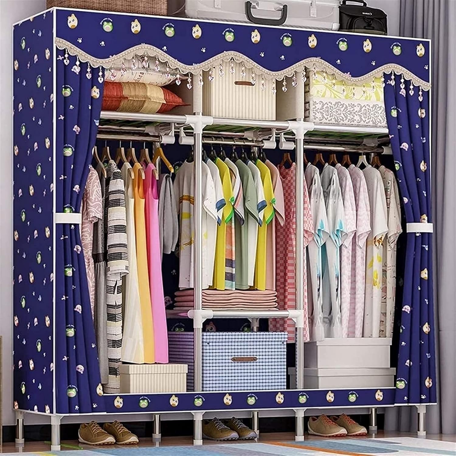 Portable Wardrobe Cloth Wardrobe Wardrobe Bedroom Portable Simple Fabric Cloth Steel Tube Bold Reinforced Assembly Double Large Ox Cloth,B Portable Cloth Hanger