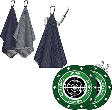 2 Pack Mangetic Golft Towels with Clip Accessories & 2 Pack Golf Green Reader Golf Ball Marker Hat Clip