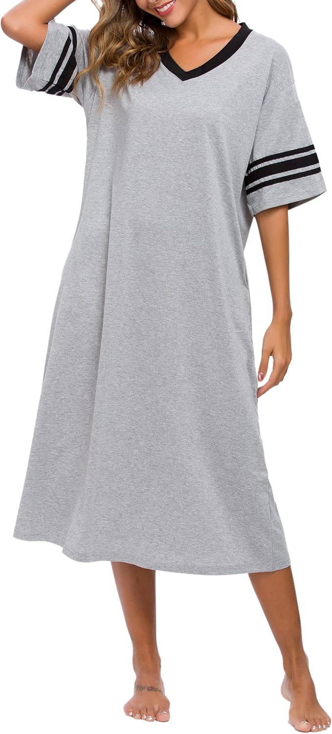 Womens Nightgown V Neck Knit Long Sleepwear Short Sleeve Soft Loungewear with Pockets S-XXL