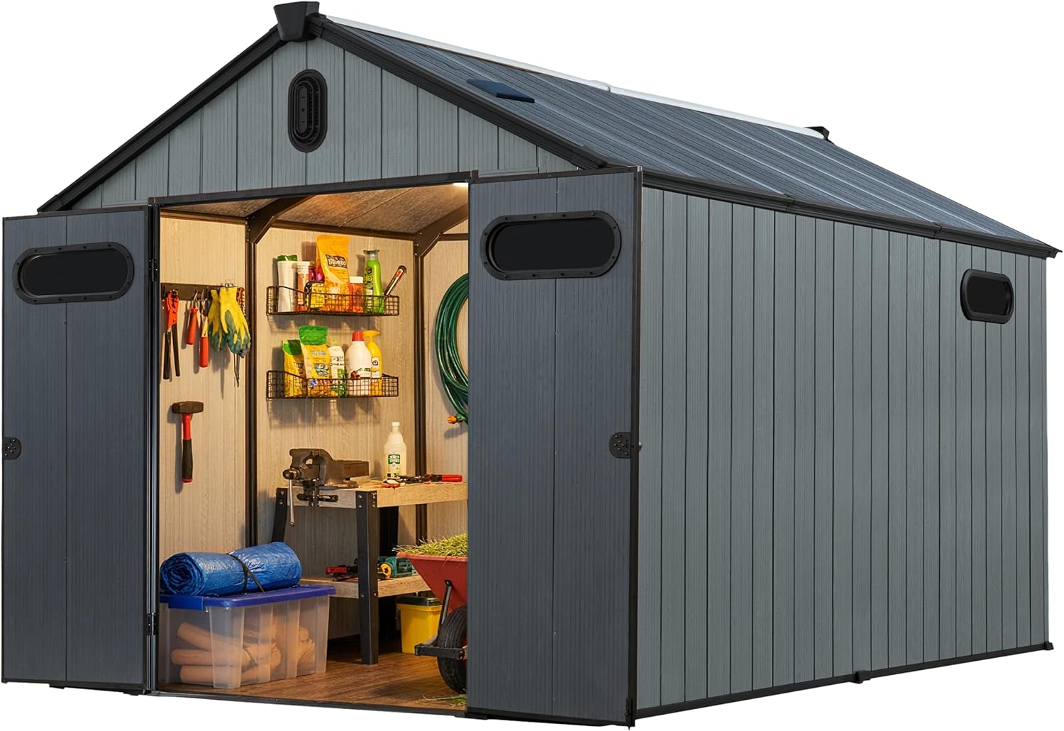 6×4 Heavy-Duty Outdoor Resin Plastic Storage Shed for Garden, Backyard, Patio, Lawn, with Windows, Double Doors, Ventilation and Solar Lighting, Weatherproof, Light Grey