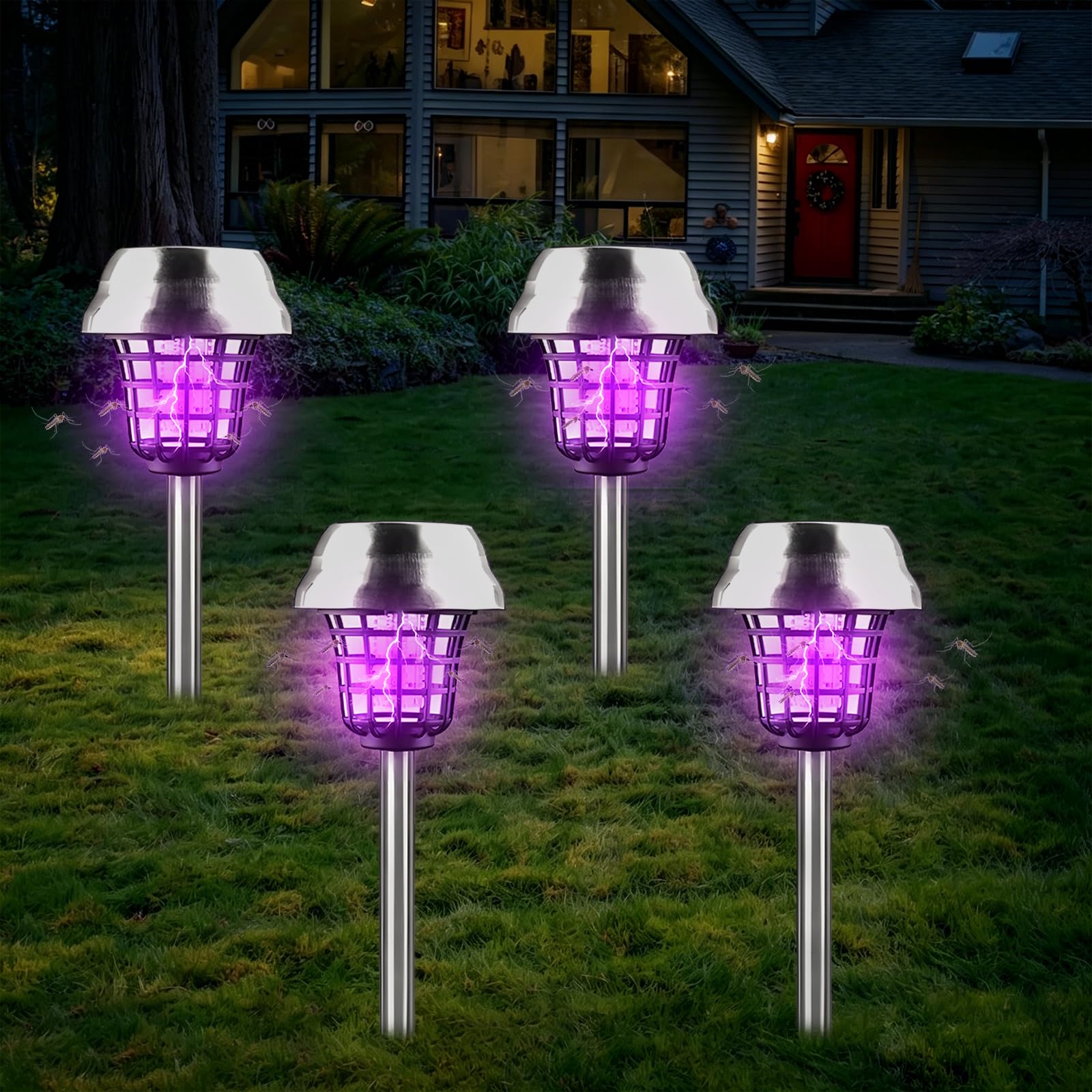 4pcs Anti Zanzara Solare, Lampada Anti Zanzara Elettrica con Illuminazione LED Lampada UV Contro Zanzare Mosche IP65,per la casa, giardino, cortile, campeggio (4 pezzi)