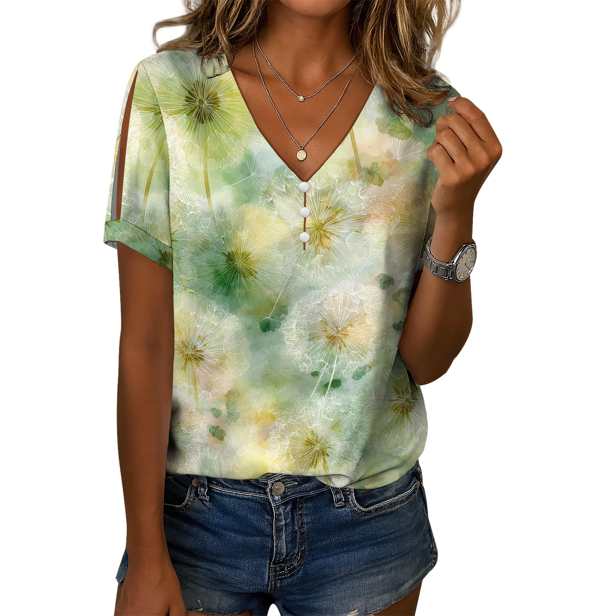 Casual Cold Shoulder Boho Tops for Women Floral Print Short Sleeve Button Down T Shirts 2025 Summer V Neck Blouse