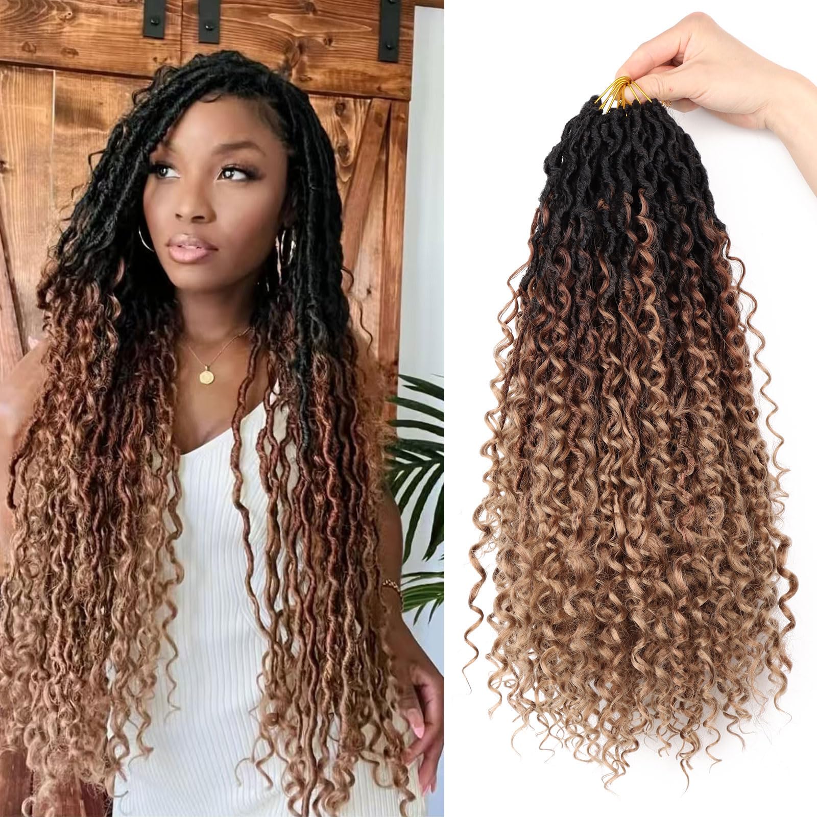 LMZIM 18 inch Goddess Locs Crochet Hair 8 Packs Faux Locs Crochet Hair for Black Women Pre Looped River Locs Crochet Hair with Curly Ends 1B/30/27