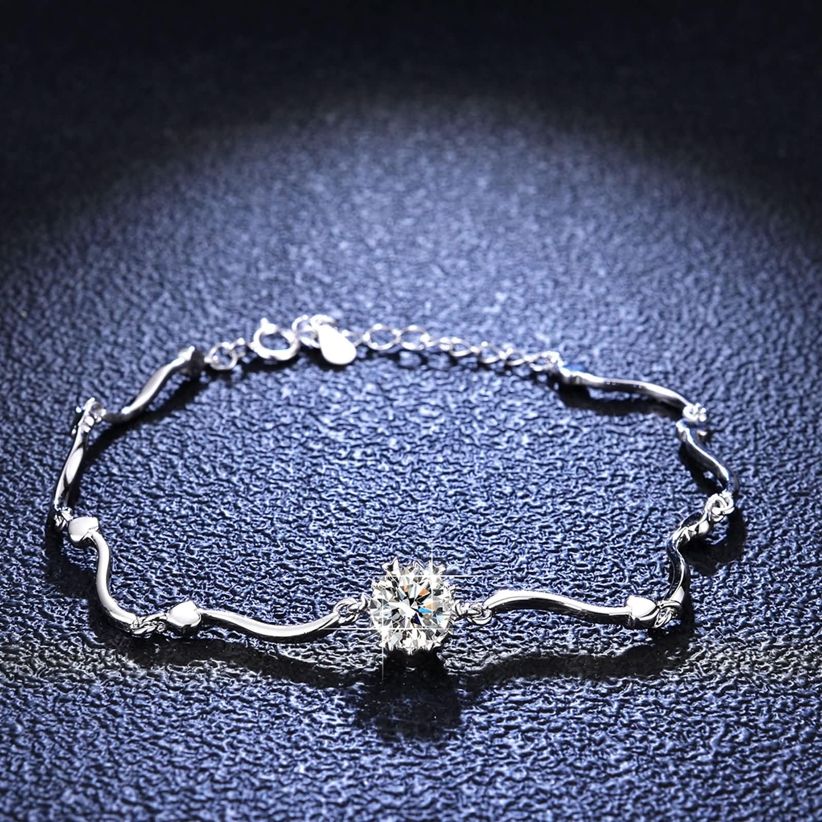 Pulsera Mujer de Oro Blanco 9K / 14K / 18K, Redondo con Diamante Creado de 1ct, Cadena Extensible 16 CM + 5 CM, Pulseras Mujer Plata