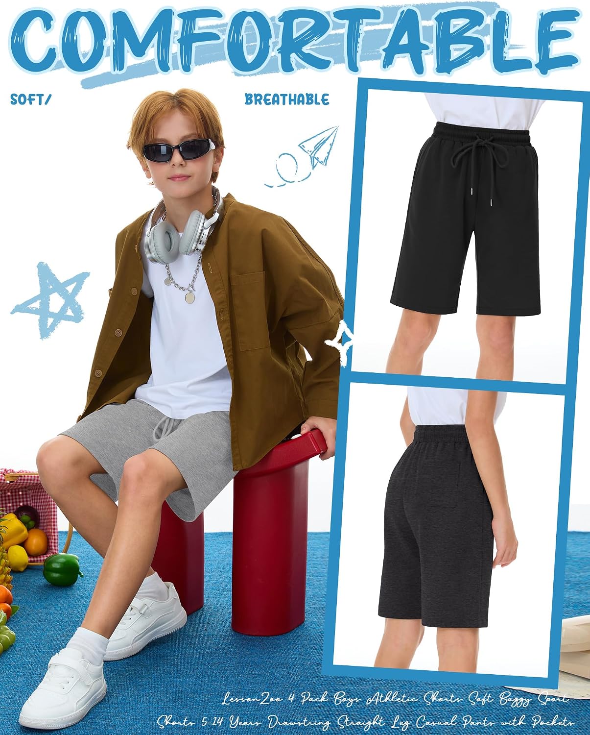 4 Pack Boys Athletic Shorts Teen Casual Summer Drawstring Basketball SweatShorts for Kid with Pockets 5-14 Years