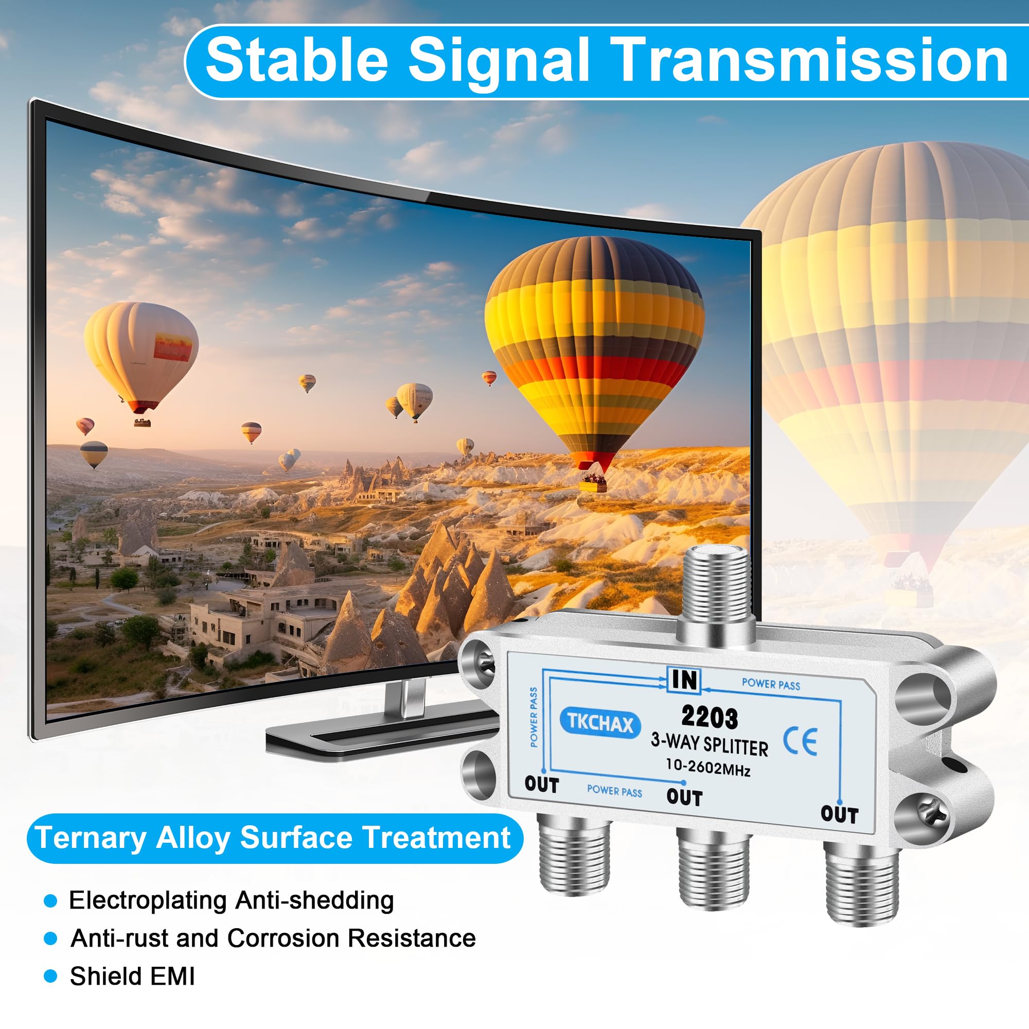 Répartiteur de câble coaxial à 3 Voies, Prend en Charge 10-2602 MHz, Compatible RG6, plaqué Nickel pour répartiteur de câble, Fonctionne avec CATV, TV Satellite, système d'antenne et