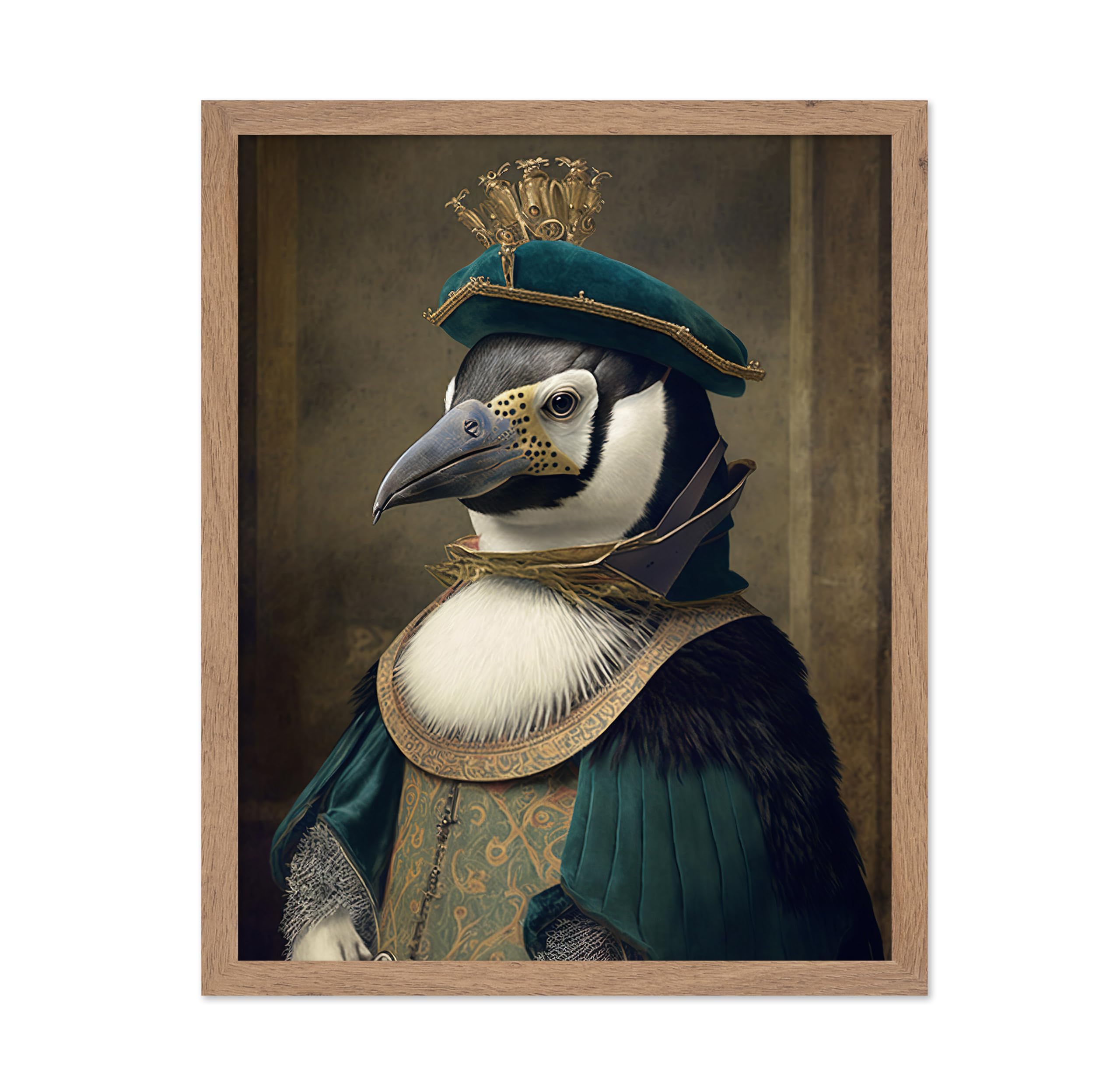 Poster Master Renaissance Animal Poster - Retro Funny Print - Gift for Artist, Friend - Aristocratic Penguin, Renaissance, Formal Attire, Portrait - Wall Decor for Home, Kitchen, 8x10 Beige Framed