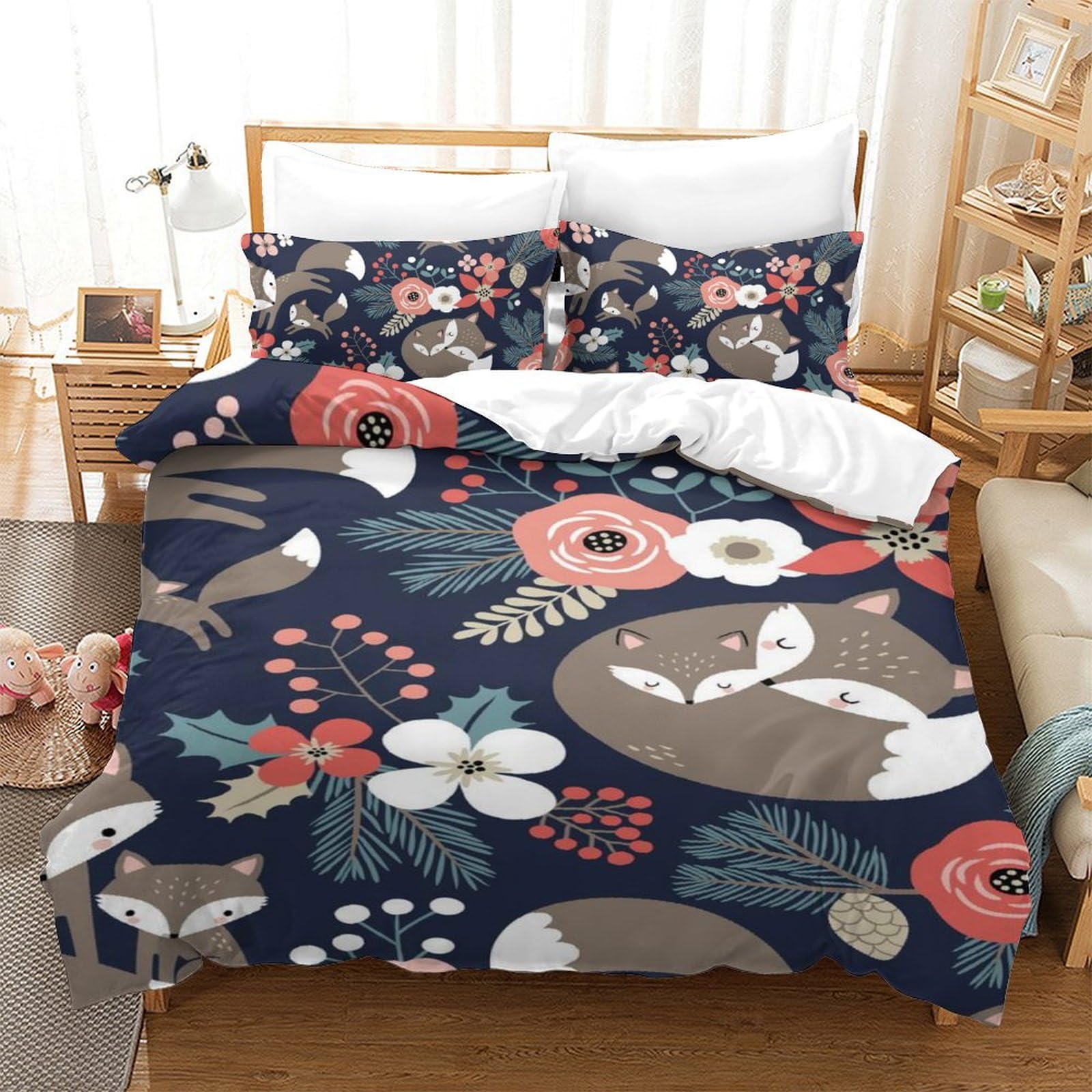 Housse de couette 140x200 renard 3D parure de lit 3 pièces microfibre