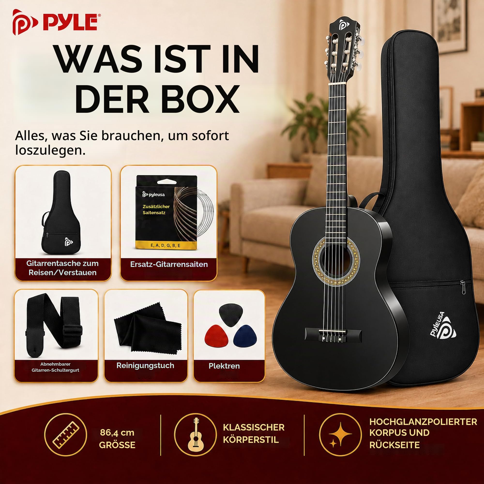 Pyle Konzertgitarre, Rechtshändig, 1/2 Größe, Schwarz