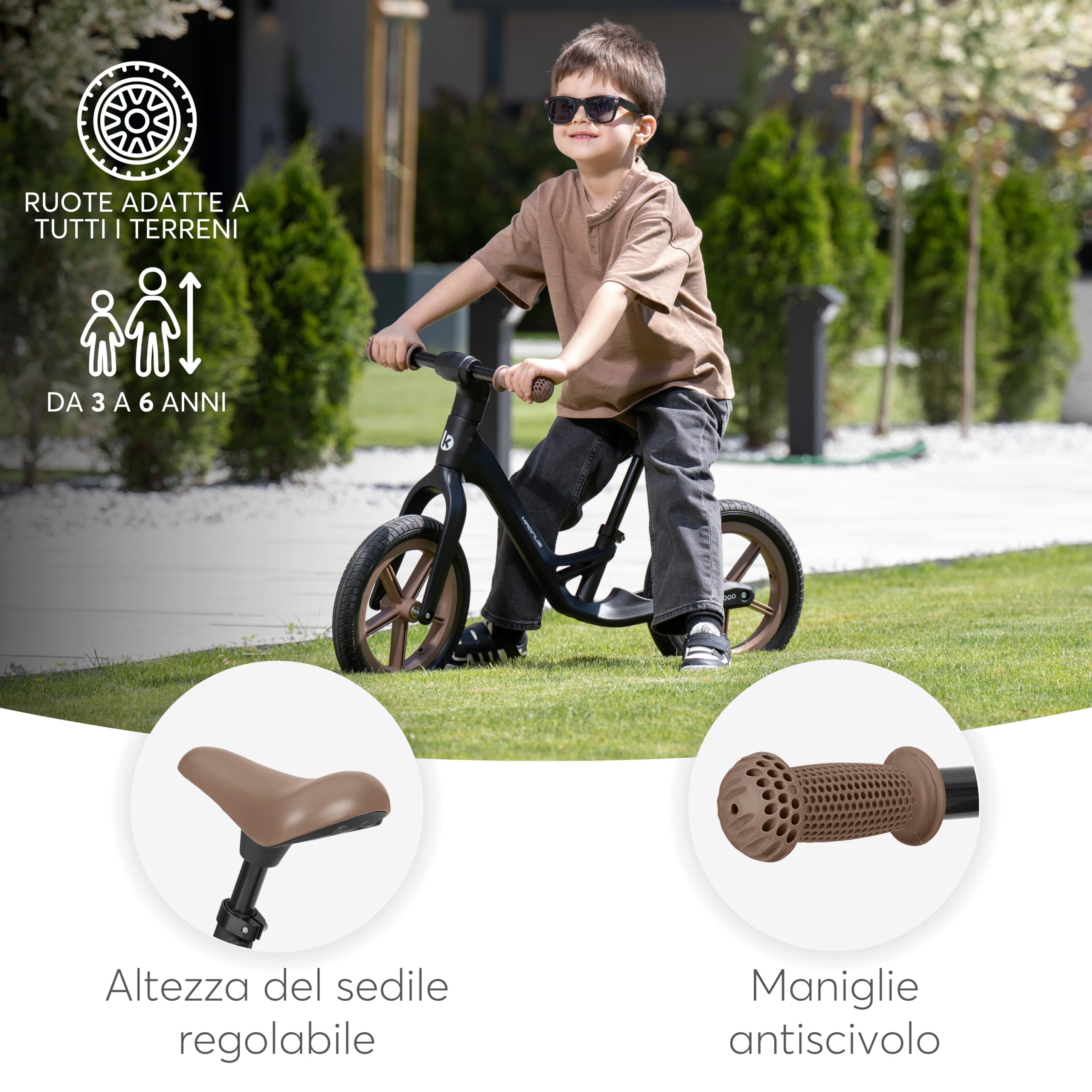 KikkaBoo MAGNUS Bicicletta Senza Pedali per Bambini 3–6 Anni, Telaio Leggero in Fibra di Vetro, Sedile Regolabile, Maniglie Antiscivolo, Ruote PU Resistenti