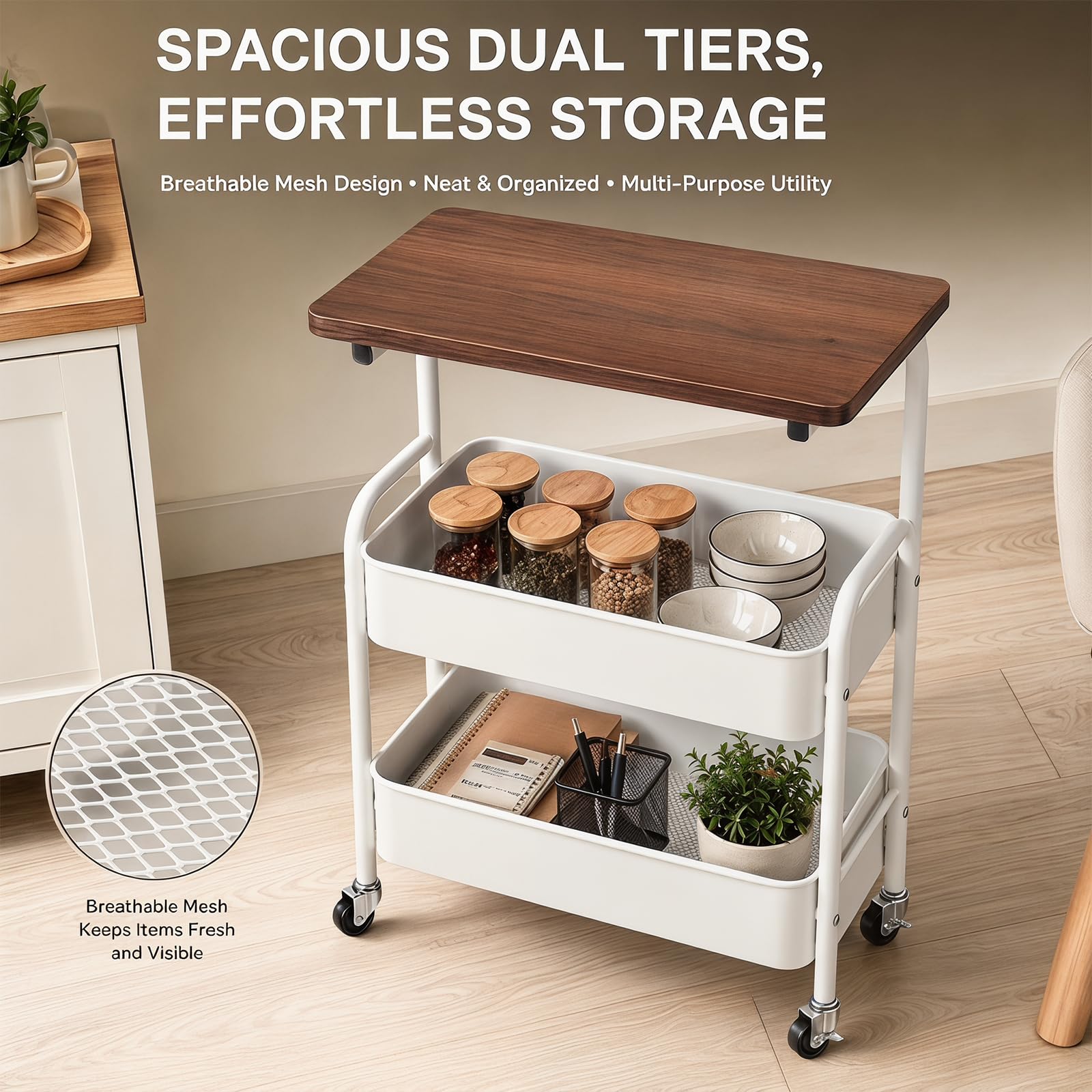 Carro de metal con ruedas de 3 niveles con placa de madera y tablero, carrito de cocina con ruedas y freno, estable para cocina, oficina, baño, para manualidades, color negro, ahorra espacio