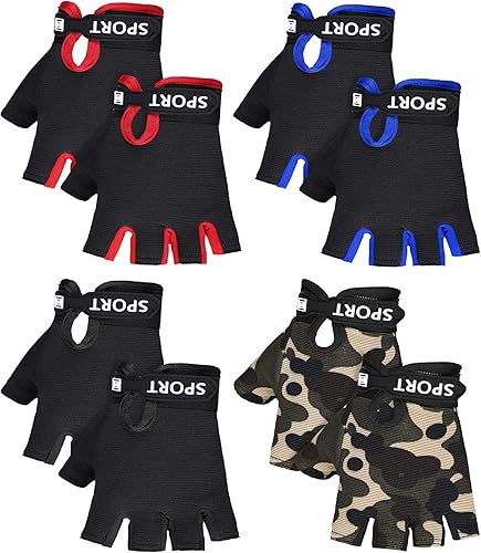 SATINIOR 4-Pairs Kids Bike Gloves, Fingerless Gloves for Boys & Girls, Non-Slip Cycling Glove with Adjustable Strap, Breathable Half-Finger Zip Line