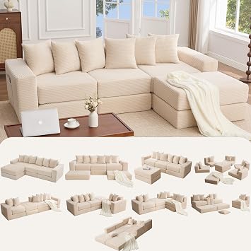 JOYBASE Modular Sectional Sofa, Convertible 4-Seater L-Shaped Couch with Ottoman, Modern Corduroy Sofa Bed with Side Pockets for Living Room, Apartment & Small Spaces Beige