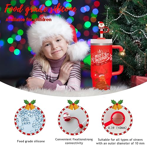 Miniatura 4 de Fundas de popote para copa Stanley, 6 piezas de silicona con temática navideña, compatibles con vasos Stanley de 30 y 40 onzas, fundas de punta de