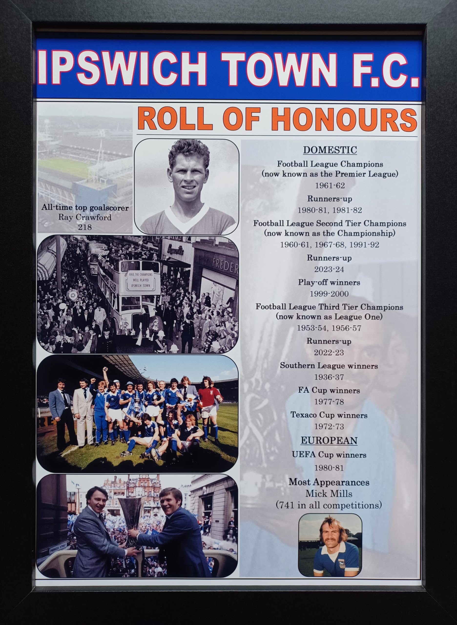 Assorted Multicoloured Ipswich Town Club History Roll Of Honours - Framed Print