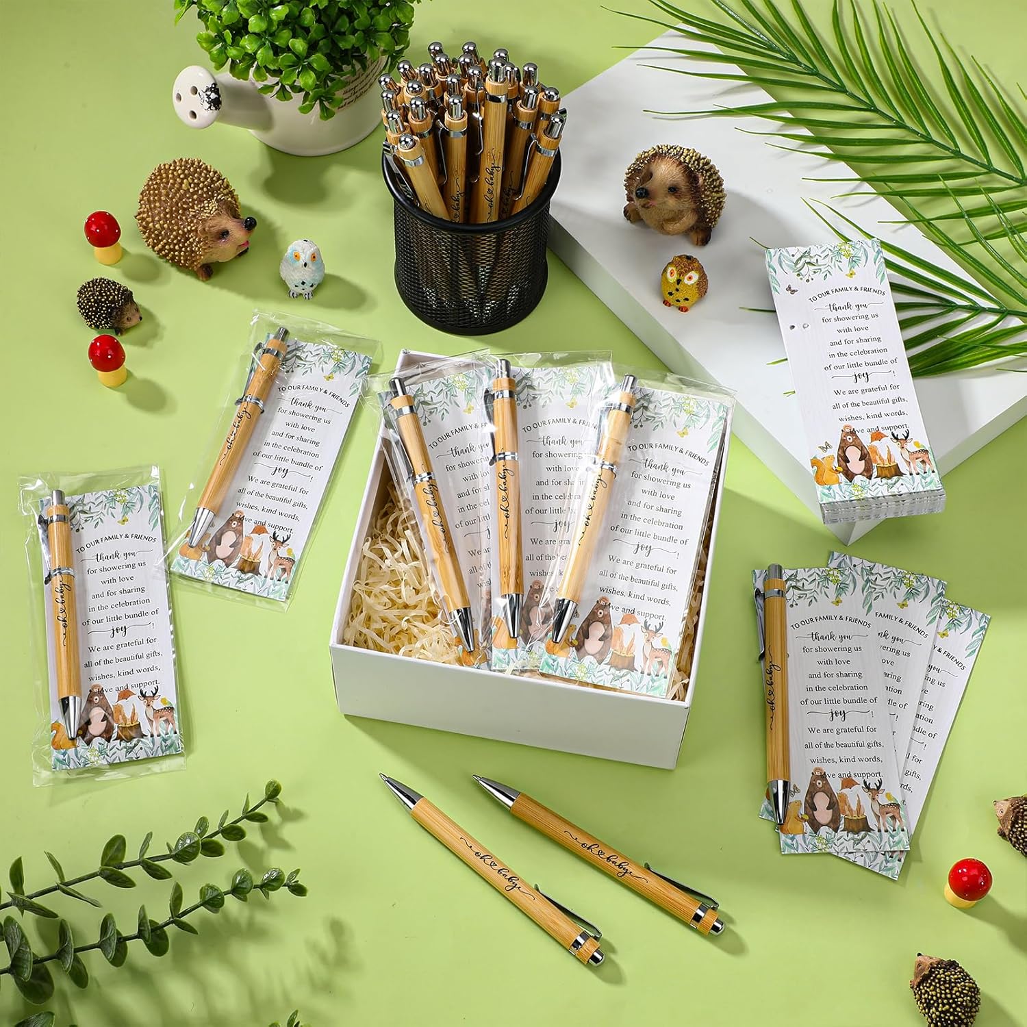 Zhanmai 72 Sets Woodland Animals Baby Shower Favors Include Bamboo Pens and Thank You Cards Cable Ties Woodland Baby Shower Party Decoration Gender Reveal Party Favors Game Prizes