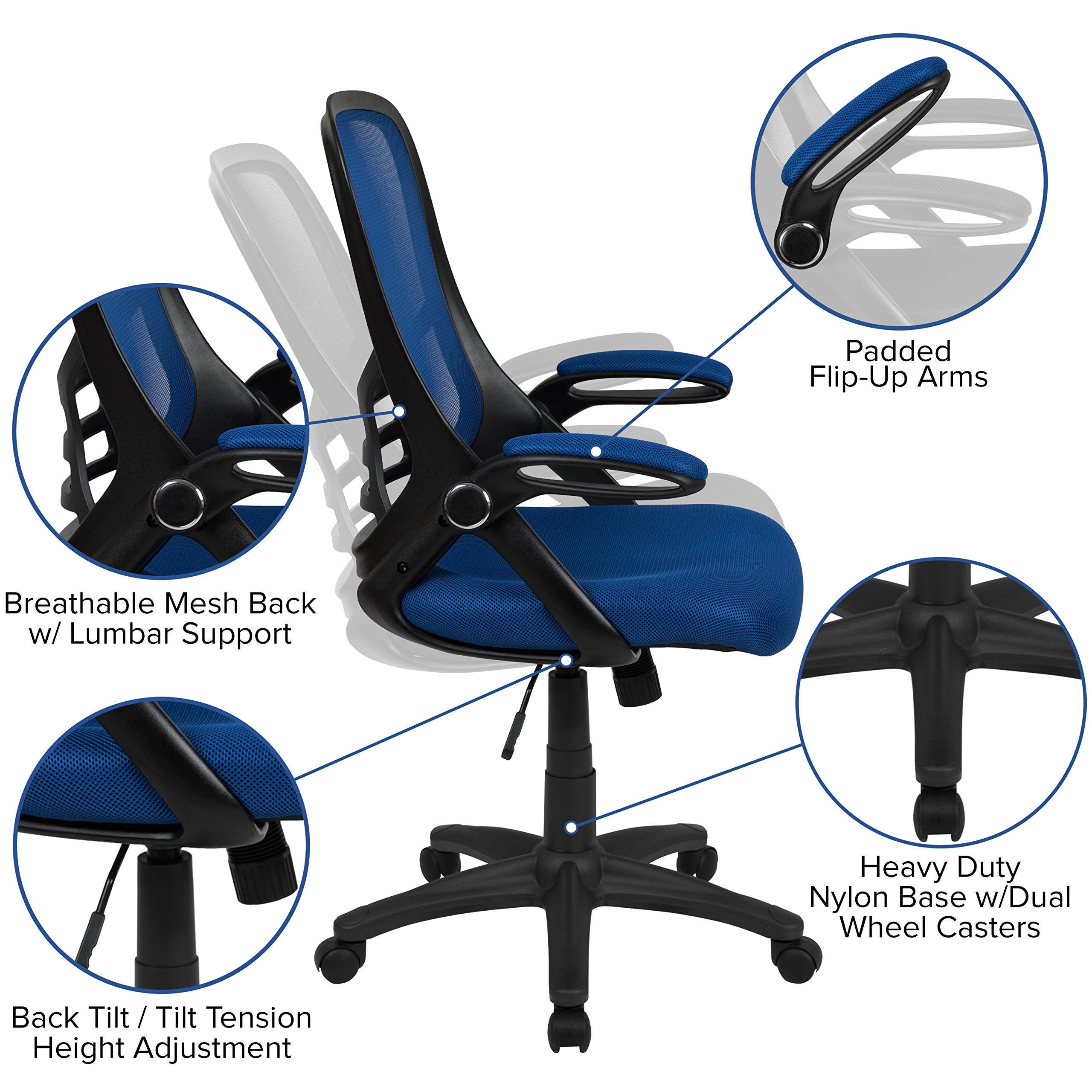 Porter - Silla de oficina giratoria de respaldo alto con soporte lumbar ajustable y altura del asiento, silla de escritorio ergonómica de malla con reposabrazos abatibles, azul/negro 3
