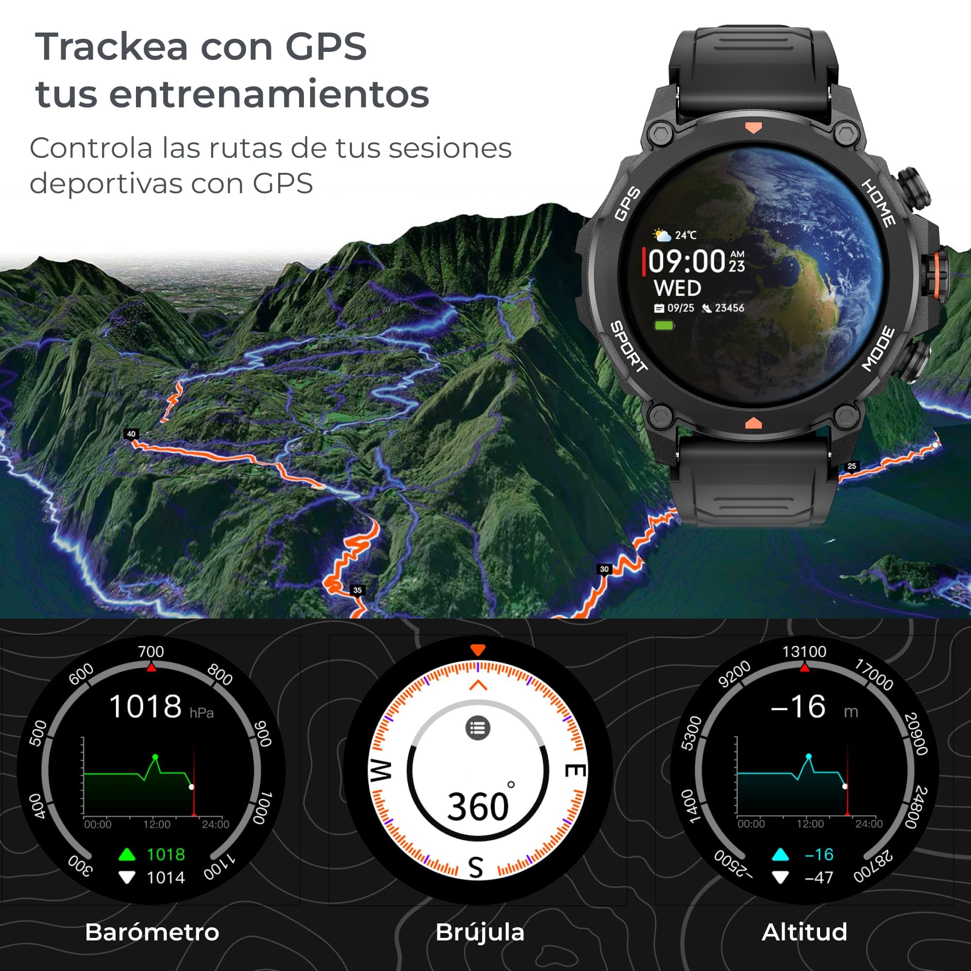 KSIX Explorer Reloj Inteligente Hombre Negro con Llamadas, Notificaciones, GPS, Pantalla Amoled 1,43'' Smartwatch Deportivo con Monitor de Salud, +100 Modos Deporte, Impermeable, para iOS Android