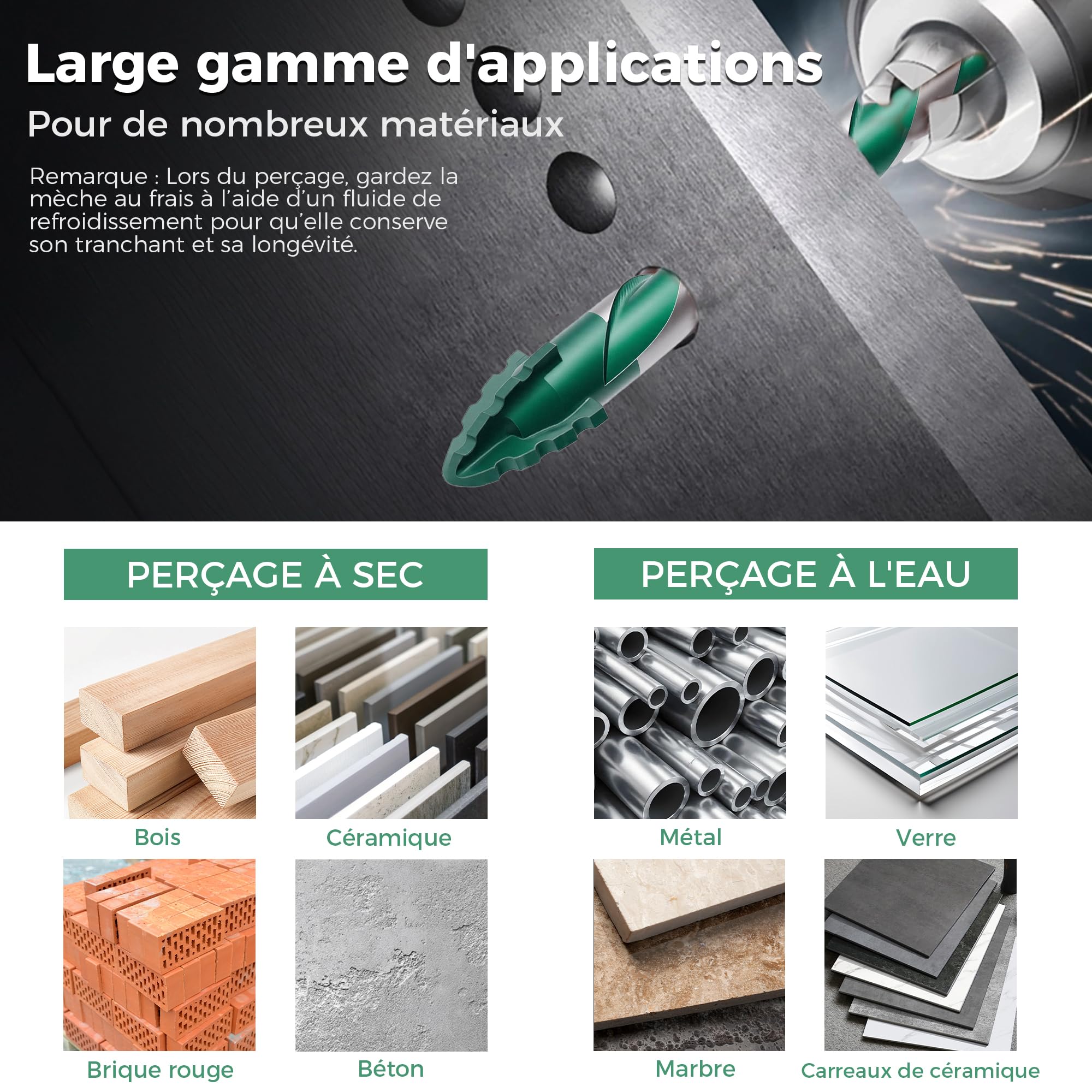 Lot de 10 forets excentriques à dents de scie à quatre tranchants avec cobalt, foret à pierre 3-12 mm, tige hexagonale de 6,3 mm, foret en carbure pour céramique, carrelage, métal, béton, verre vert