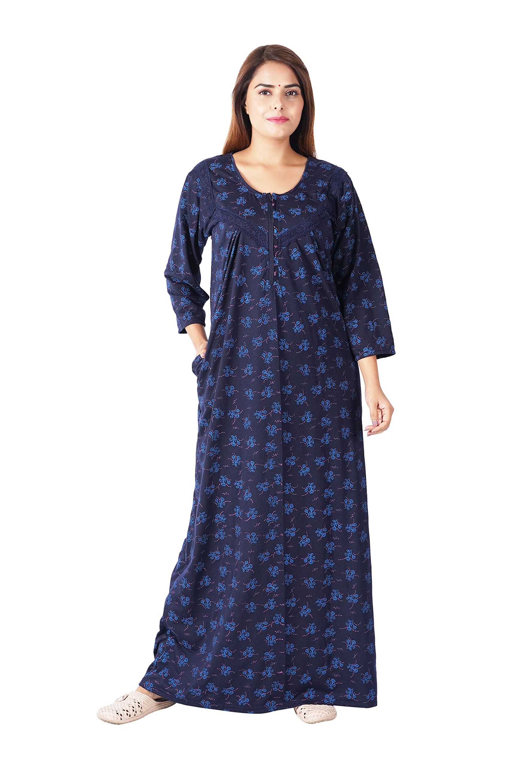 Women's Full Sleeve Floral Printed Sinker Cotton Nighty/Maxi/Nightwear/Nightgown/Gown WSR-15 (Color : Blue, Size : XL)