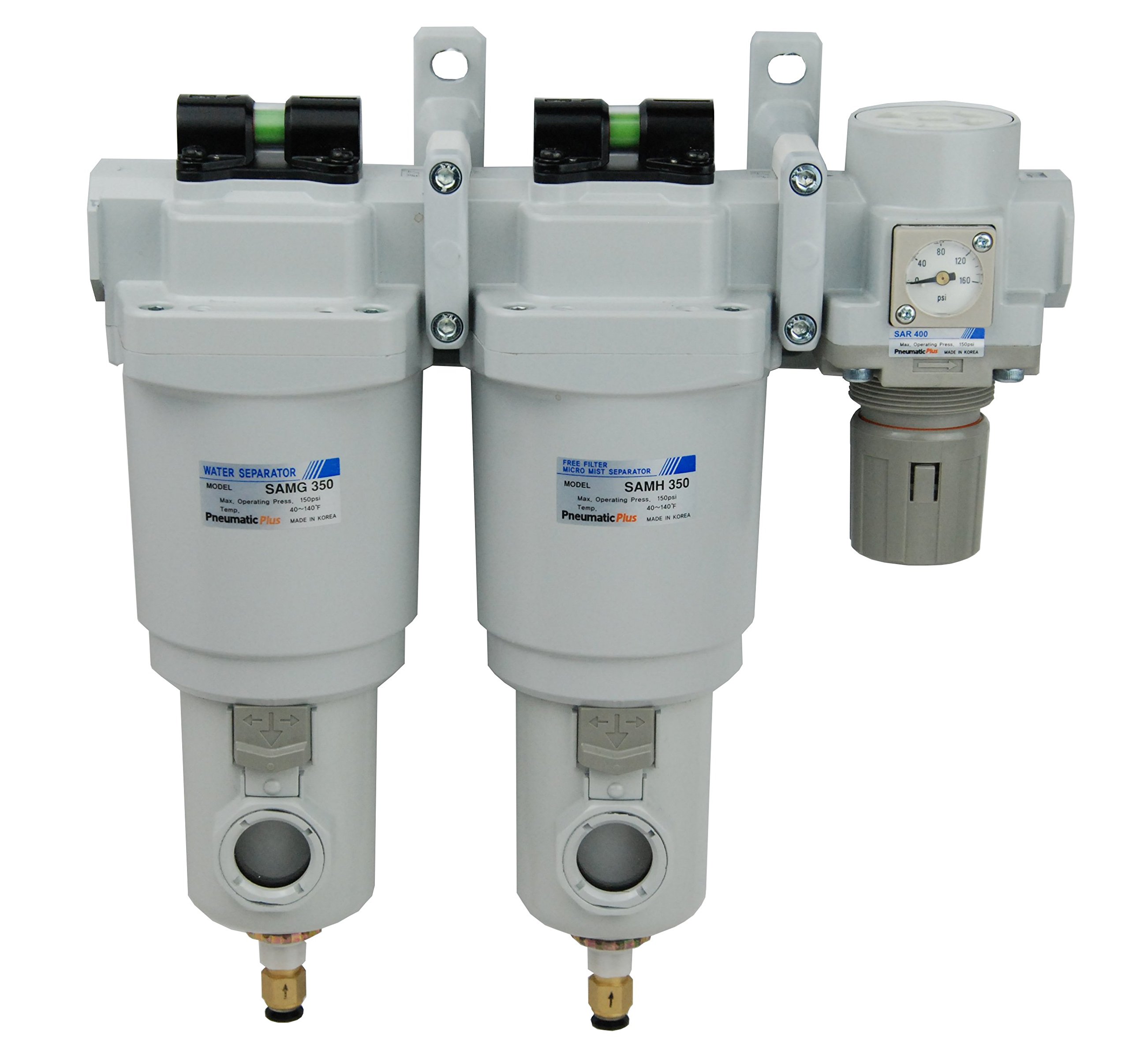 PneumaticPlus SAMU350-N04DGS-MEF-S Three Stage Air Drying System - Water Separator, 0.01 Micron Coalescing Filter, Air Pressure Regulator Modular Combo 1/2" NPT - Auto Drain, Metal Bowl