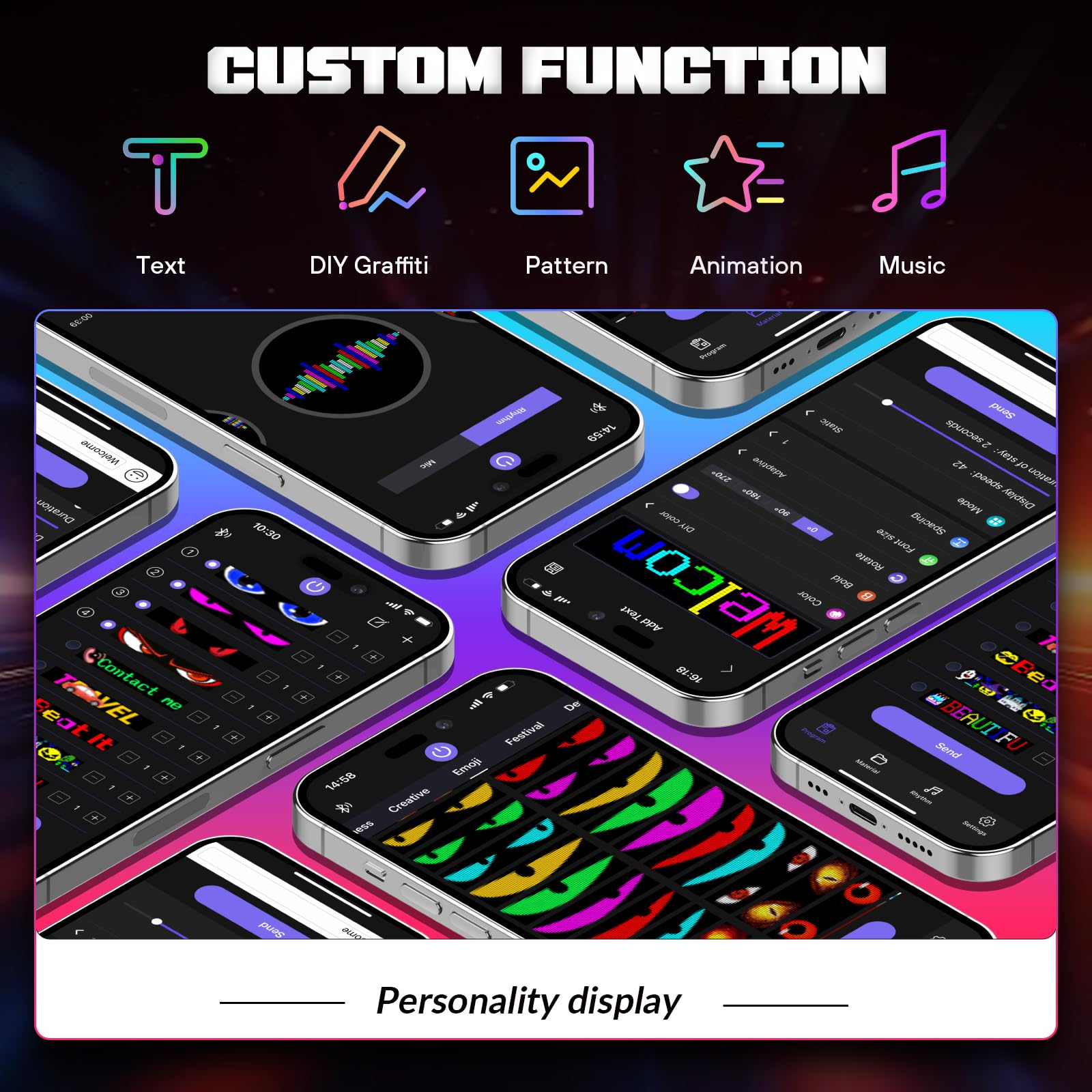 VDIKKS Synchronize Devil Eyes Light for Cars, 14.6”X3.6” Flex LED Display Screen Bluetooth APP Control DIY Text Animation Programmable LED Scrolling Sign for Car Windshields