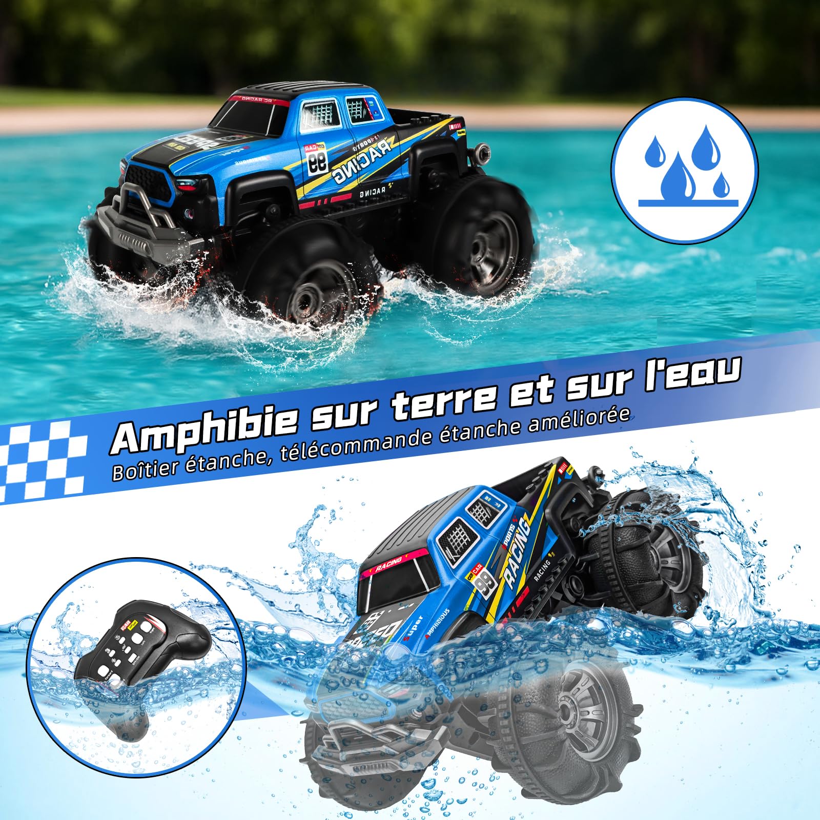 Charmofun Voiture Télécommandée Tout Terrain Amphibie, 4WD Voiture Stunt Tout-Terrain avec Lumières LED et 2 Batteries, 2,4 GHz Monster Truck Télécommandé Cadeau pour Enfant 6-12 Ans