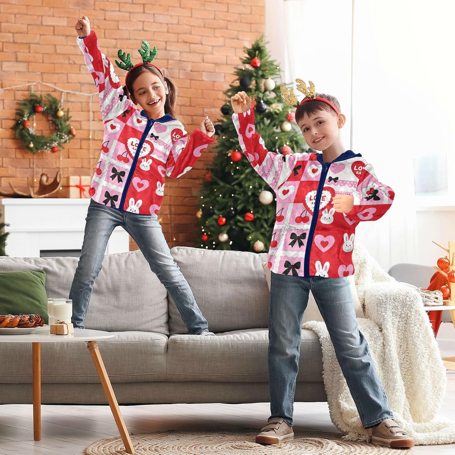 Cute Red Rabbit Hearts Cartoon Fleece Zip Up Jacket Children Plush Outerwear Navy Blue Baby Boys Clothes
