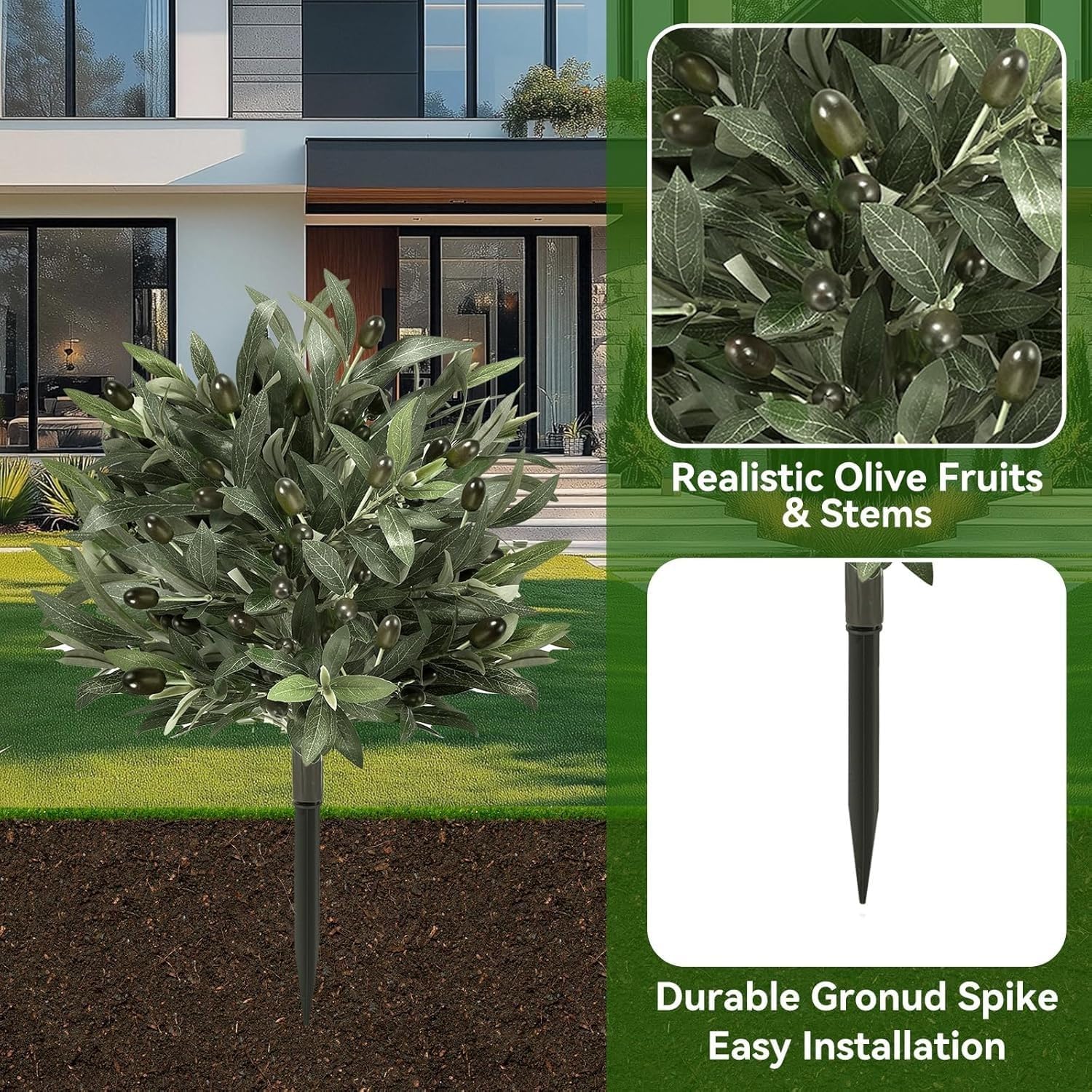 19" Artificial Olive Tree Topiary Ball with Spike,2-Pack Outdoor Plants Artificial Shrubs, Faux Olive Topiary Ball for Front Porch Décor
