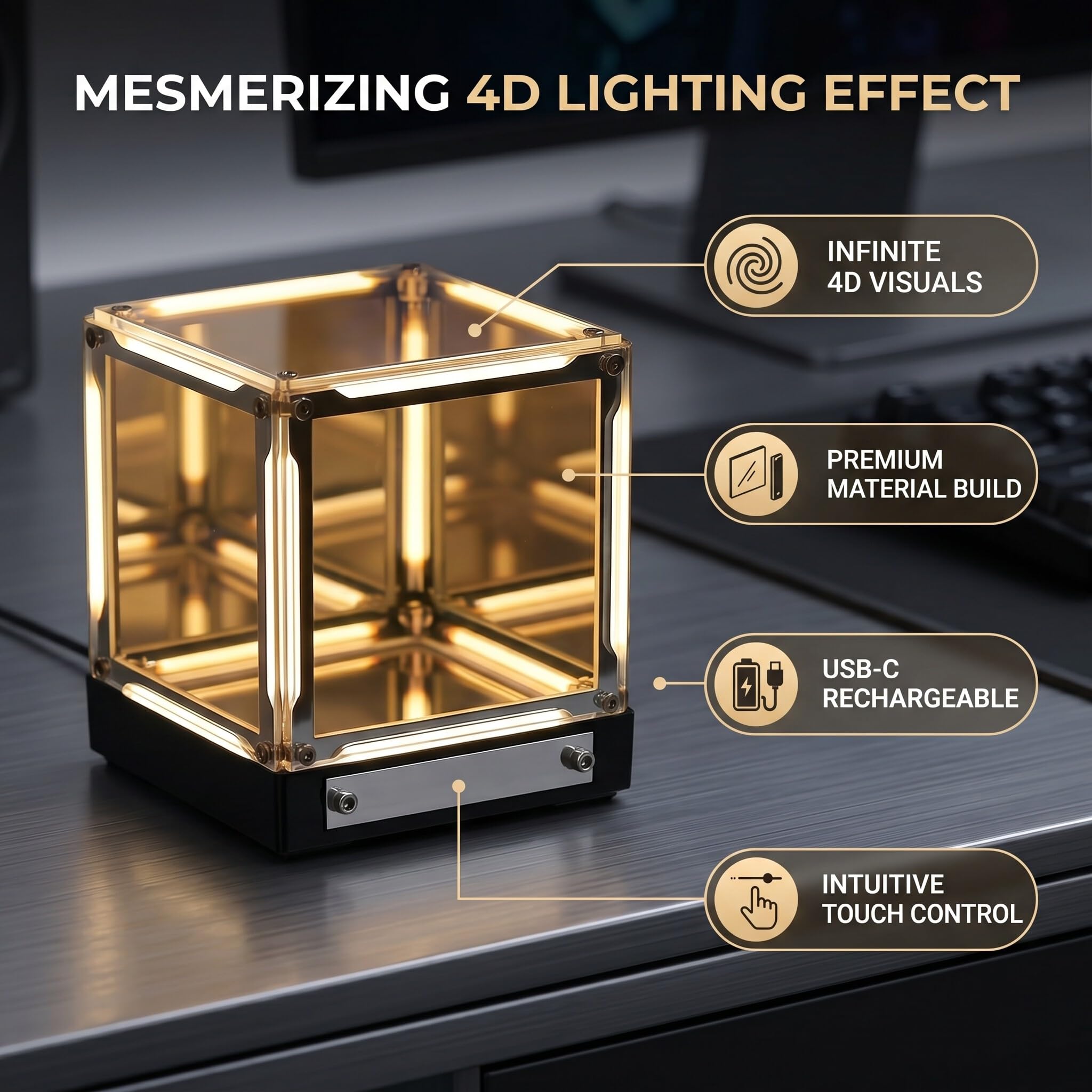 Jiawu Lampada Cubo Specchio 4D, Lampada da Comodino Touch Control con LED Dimmerabile,Luce Notturna USB-C Ricaricabile per Camera da Letto, Scrivania,Configurazione di Gioco,2000MAh
