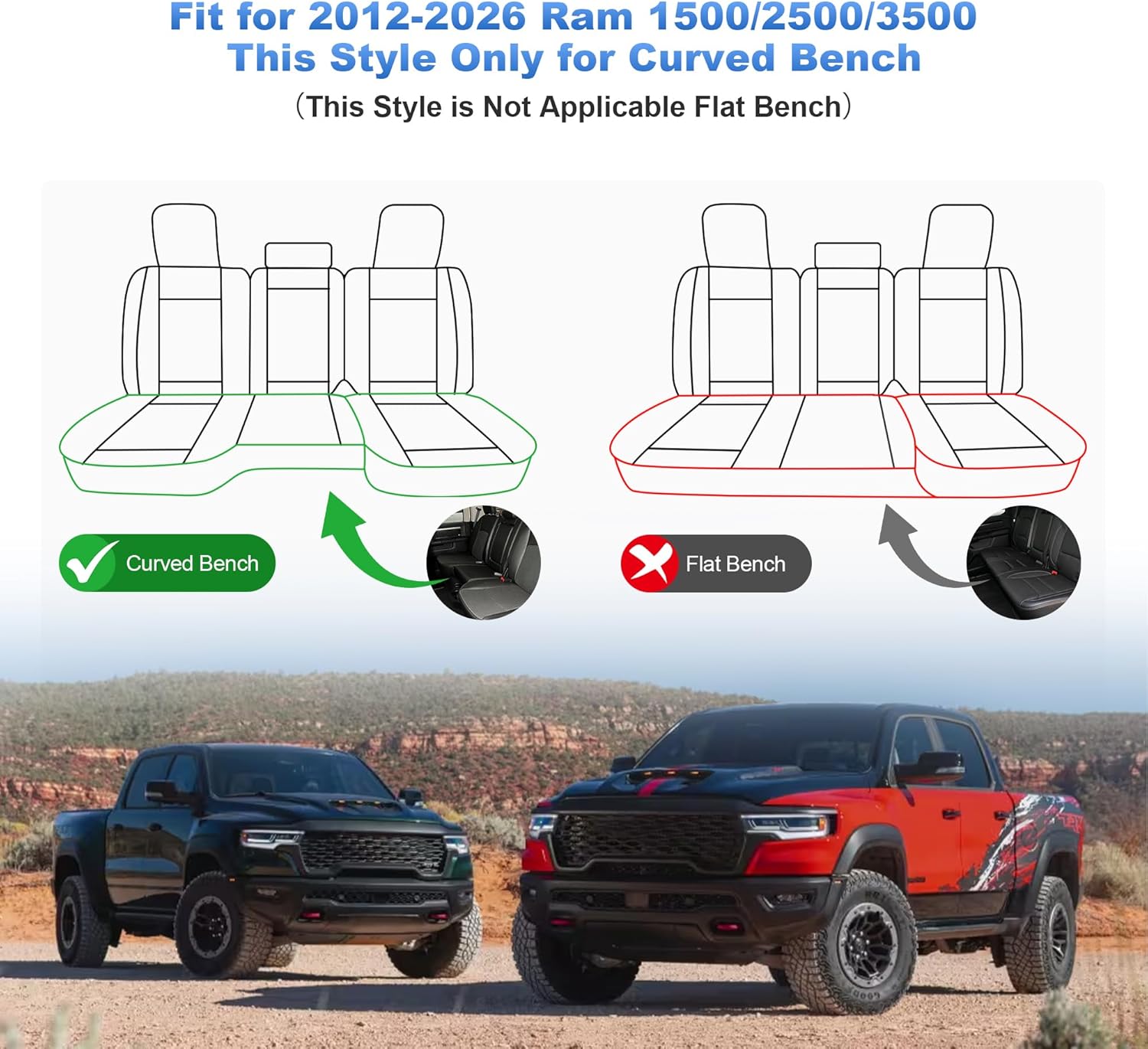 for Dodge Ram 1500 2012-2024 2025 2026 Seat Covers & Ram 2500 3500 2012-2026 Seat Cushion Cover with Waterproof LeatherFull Set(Curved Bench,Black)