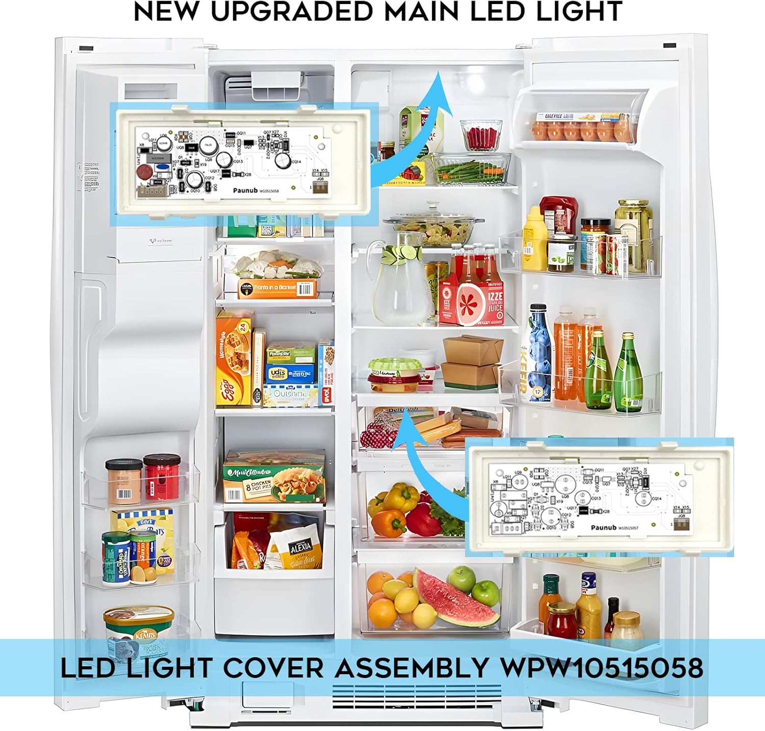 New Upgraded 1 PCS W10515058 and 1 PCS W10515057 Refrigerator Freezer Main LED Light Set, Compatible with Whirlpool Kenmore Maytag, KitchenAid, Repalce WPW10515058 WPW10515057, Include Plastic Cover