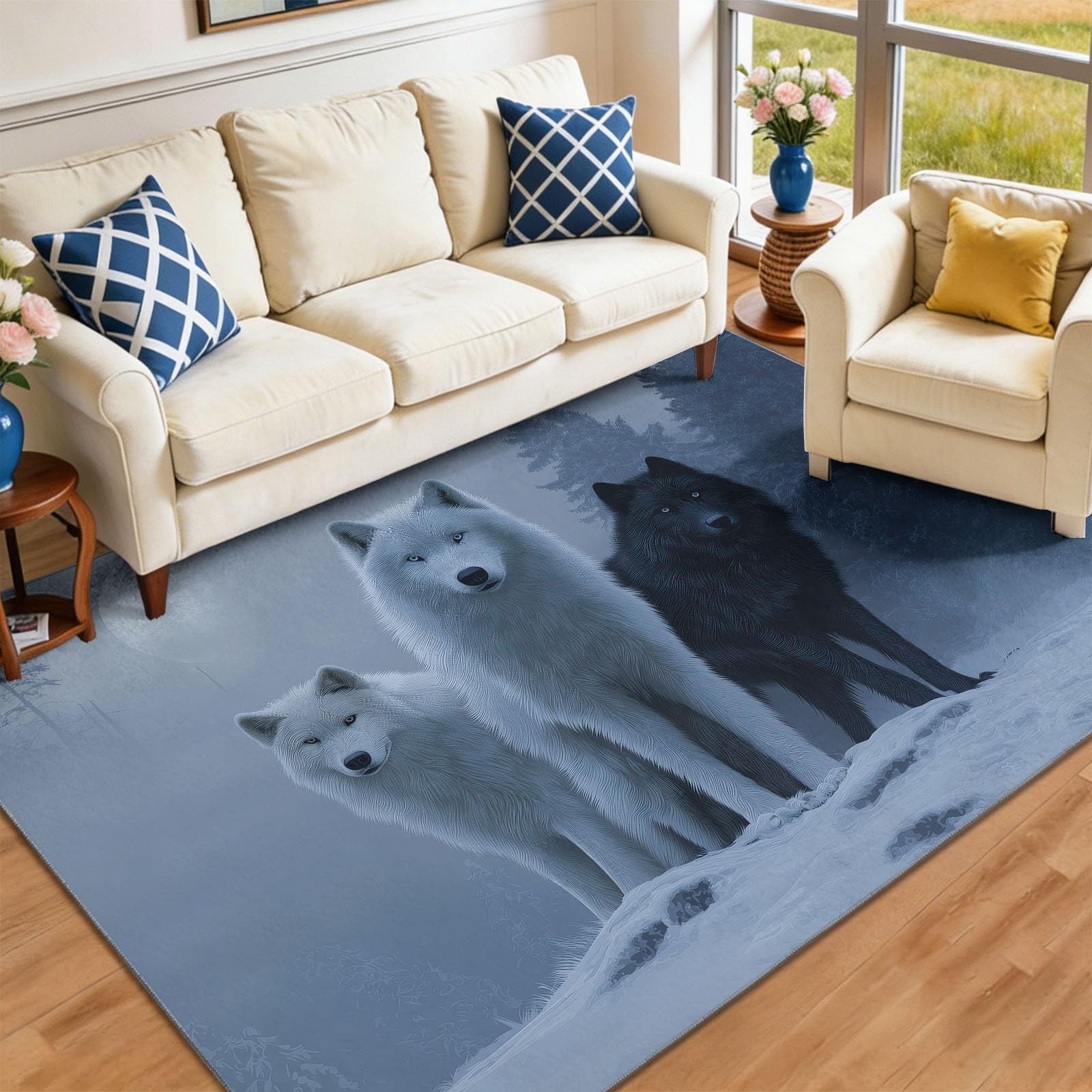 Tappeto per la cameretta dei bambini, tappeto invernale con lupi e pinete, lavabile, antiscivolo, a pelo basso, decorazione per la casa, idea regalo, 80 x 150 cm, grigio