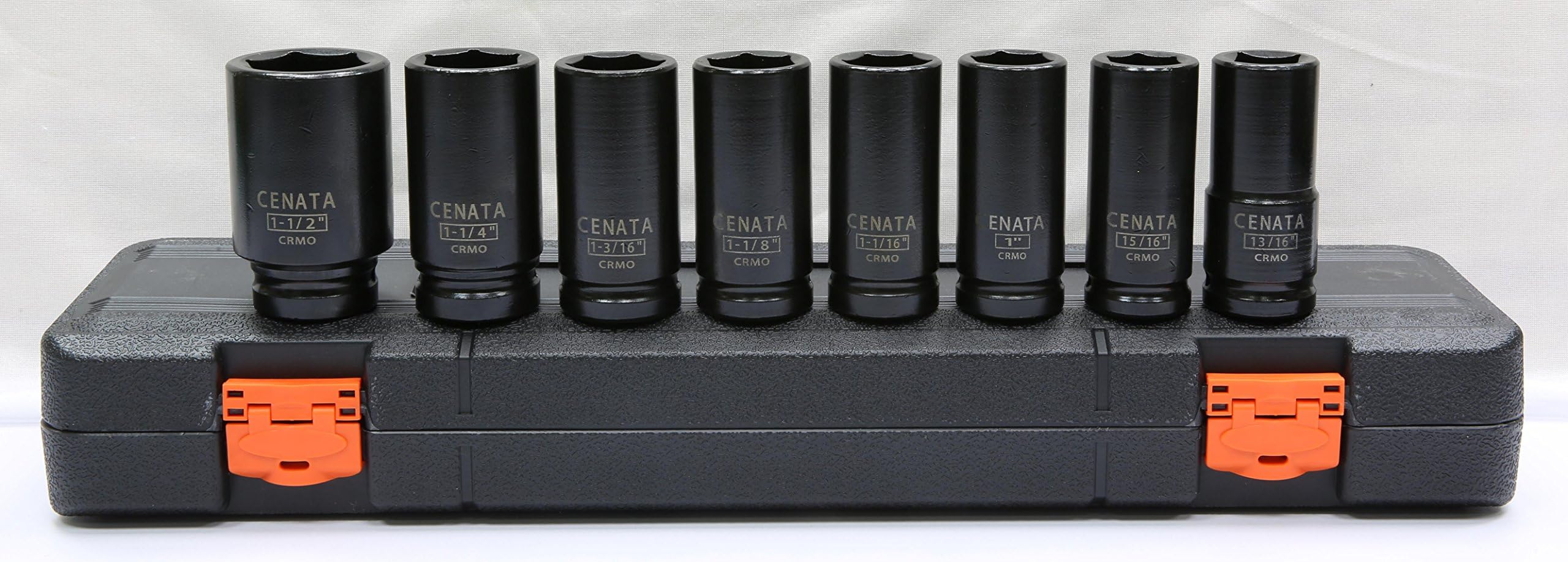 Cenata YM8086 8-Piece 3/4-Inch Drive Deep Wall Chrome Molybdenum SAE 6-Point Heavy Duty Impact Socket Set features High visibility laser-etched markings and Black phosphate finish. Meet or exceeds ANSI Standards. Package in a durable plastic case