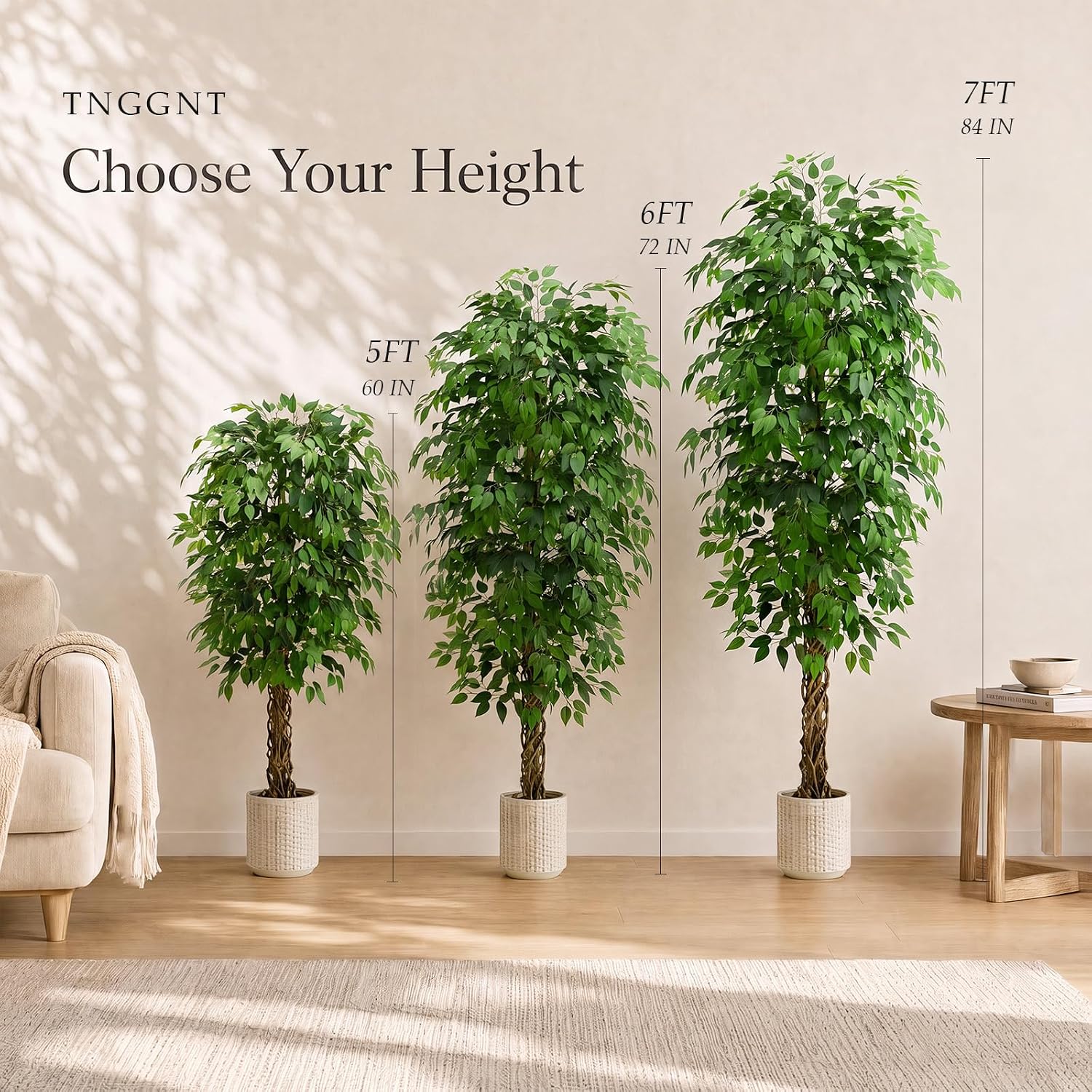 Artificial Ficus Tree:6FT Tall Faux Silk Floor Plant (White Planter) image 5
